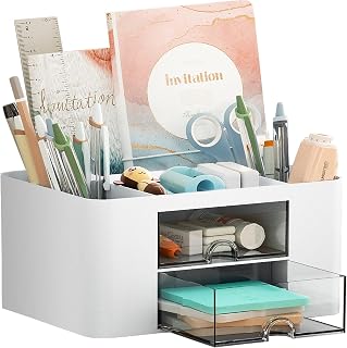 Marbrasse Pen Organizer with 2 Drawers - 5-Compartment Multi-Functional Desk Caddy for Pens, Pencils & Office Supplies (White)
