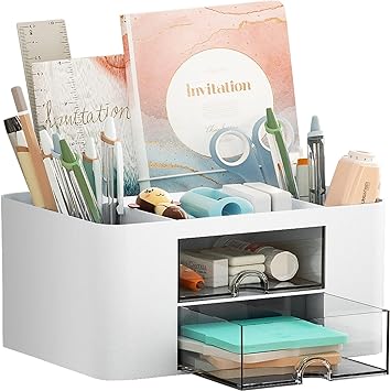 Marbrasse Pen Organizer with 2 Drawer, Multi-Functional Pencil Holder for