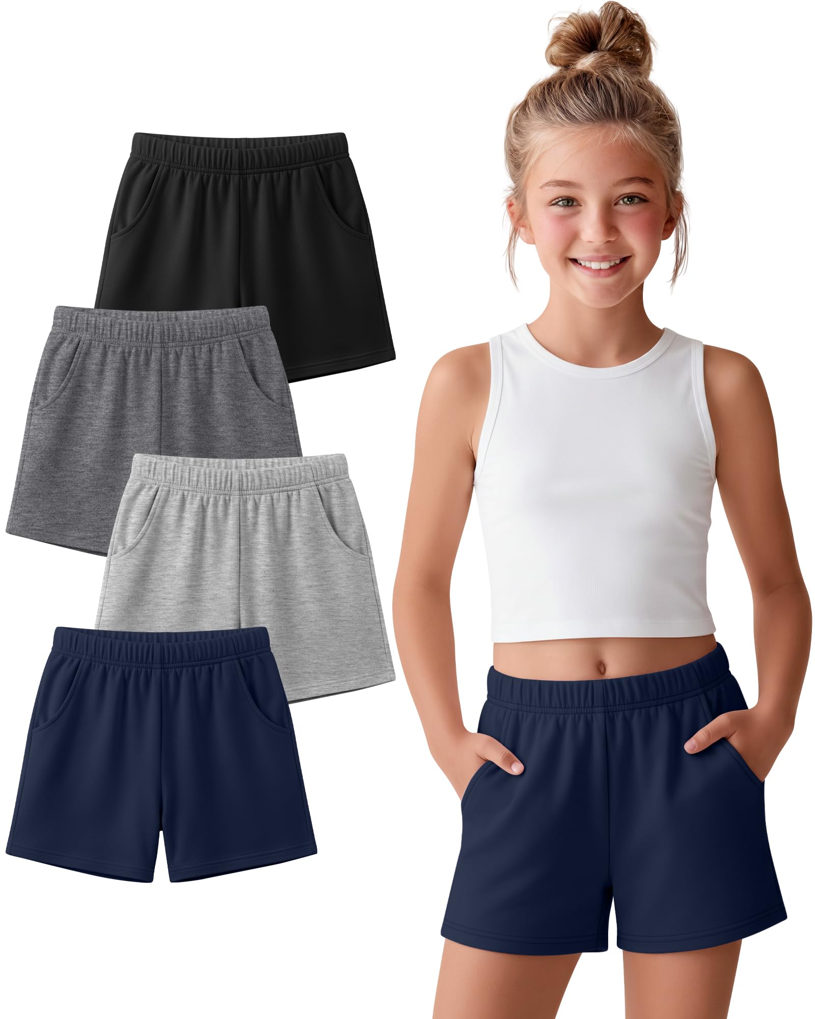 Photo 1 of Vinsatin 4 Pack Girls' Casual Shorts, 4-Color, 11-12 Years