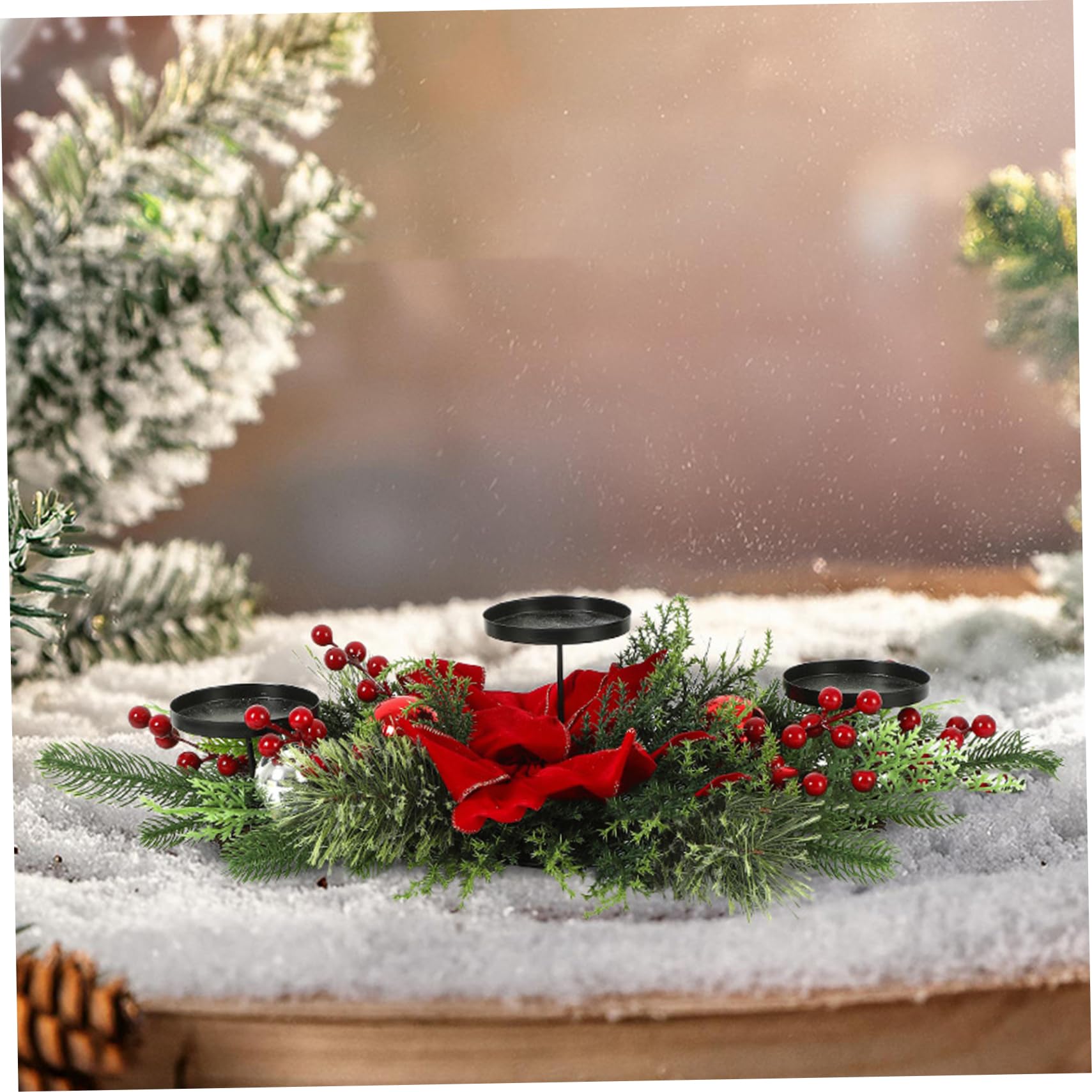 Portacandele natalizio con 3 vassoi Centrotavola natalizio con fiocco, palline, bacche e aghi di pino per decorazioni natalizie per la tavola delle feste