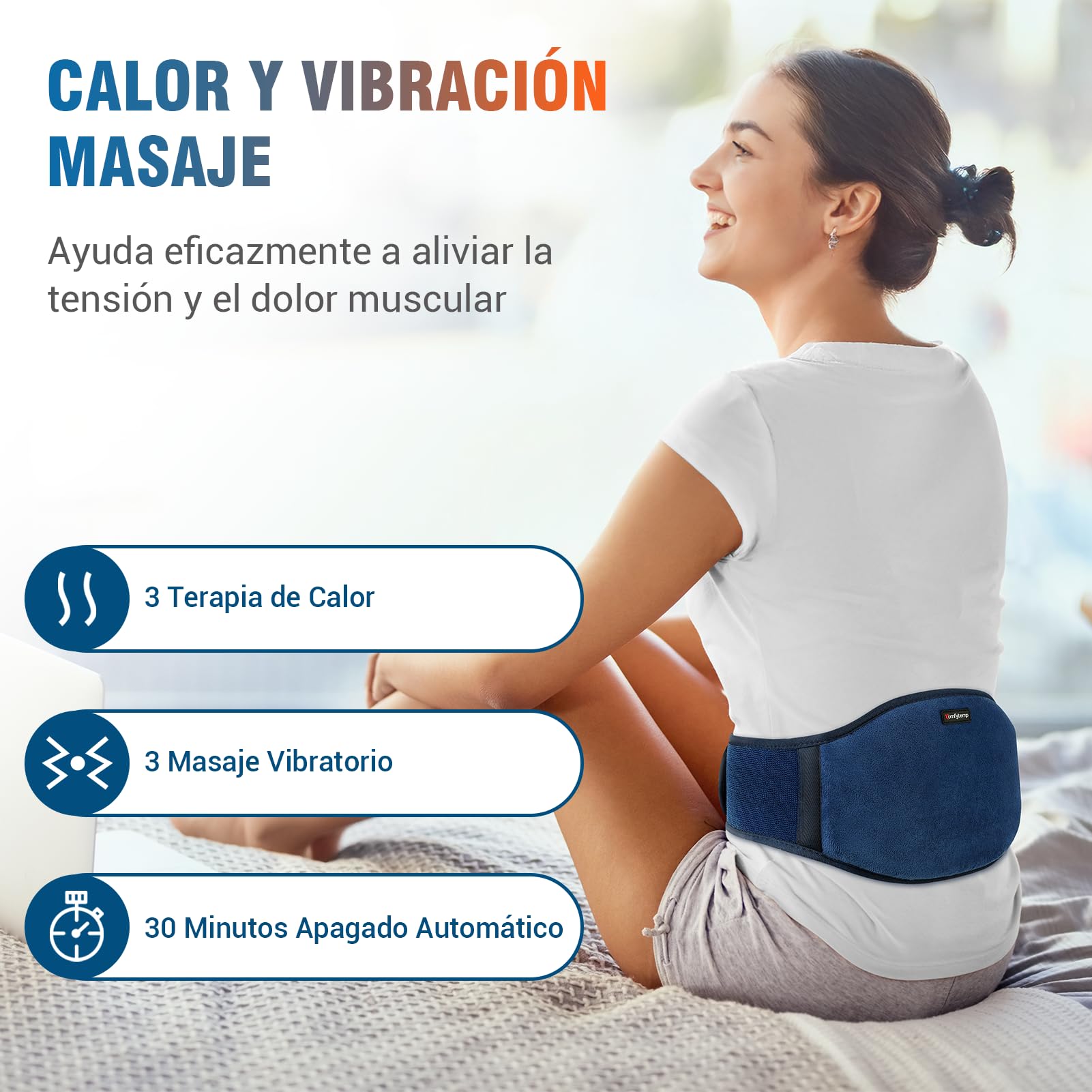 Comfytemp Almohadilla Térmica Lumbar, 3 Modos De Calefacción Rápida y Masaje, Manta Electrica Para Cintura Vibrador Inalámbrico con Masajeador, Masajeador Espalda Lumbar, Parada Automática, 18x147cm