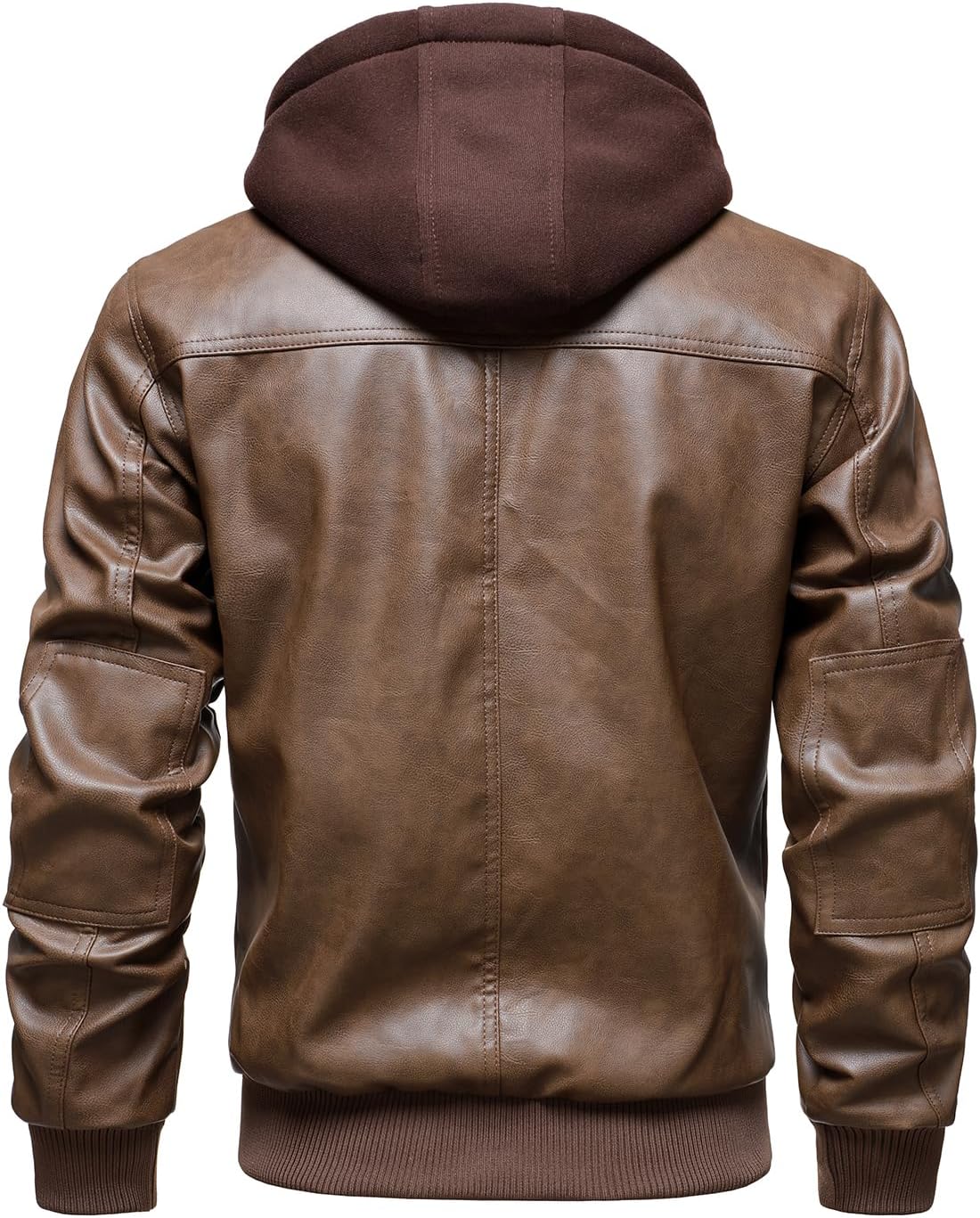 HOOD CREW Men’s Faux Leather Jackets Vintage Motorcycle Bomber jacket with Removable Hood - Image 6