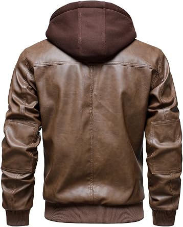 HOOD CREW Mens Faux Leather Jackets Vintage Motorcycle Bomber jacket with Removable Hood