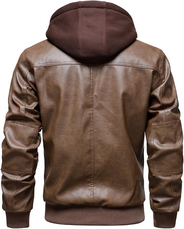 HOOD CREW Mens Faux Leather Jackets Vintage Motorcycle Bomber jacket with Removable Hood