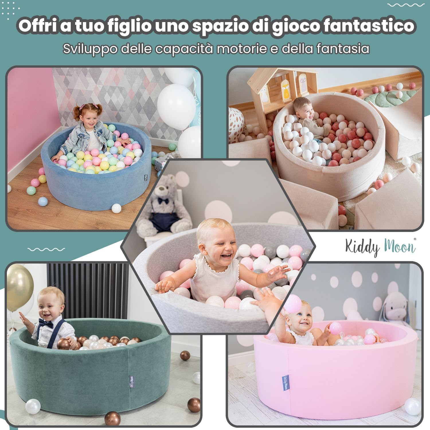 KiddyMoon 90X30cm/200 Palline Piscina di Palline Colorate per Bambini Tondo Fabbricato in EU, Grigioch:Blu Pastello/Giallo Pastello/Bianco/Menta/Eosa Chiaro