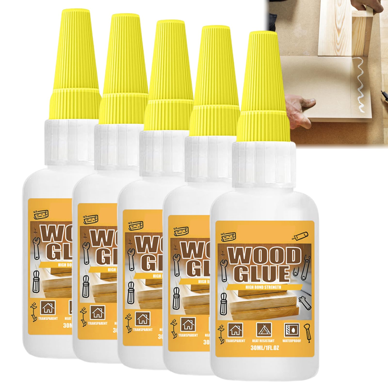 Colla for legno resistente da 30 ml, lega saldamente il legno, asciugatura rapida e presa iniziale, facile da usare, adesione di lunga durata(5PC)