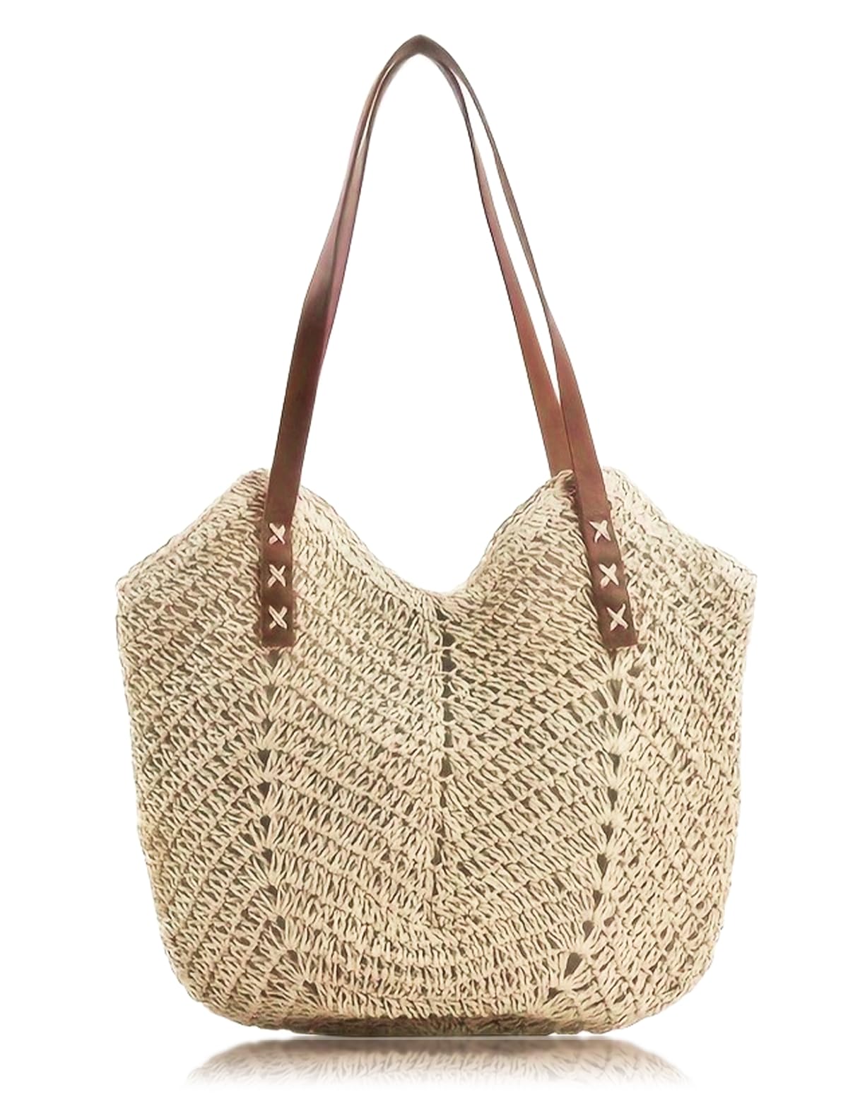 Wtyssn Beach Bags for Women with Zipper, Large Straw Bag Woven Tote Bag Straw Shoulder Bag for Summer Vocation