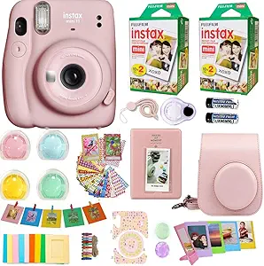 Fujifilm Instax Mini 11 Camera + Fuji Instant Instax Film (40 Sheets) & Includes Case + Assorted Frames + Photo Album + 4 Color Filters and More Bundle (Blush Pink)