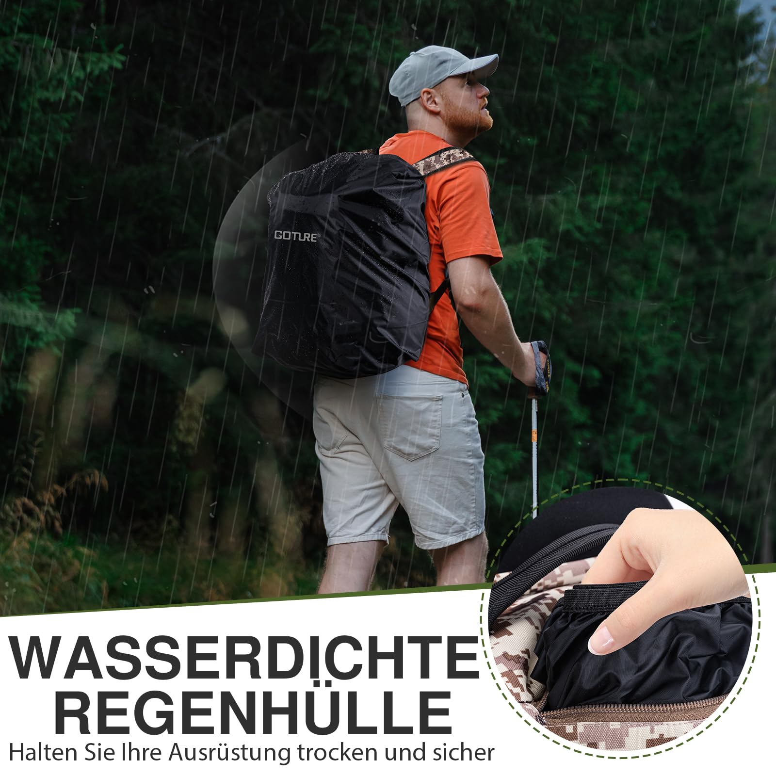 Goture Zaino da pesca con 4 esche da pesca, 55 litri, con due portanne e parapioggia, tessuto Oxford 900D, impermeabile, con scomparto regolabile, Deserto Tarn 1# con 4 esche, Zaino
