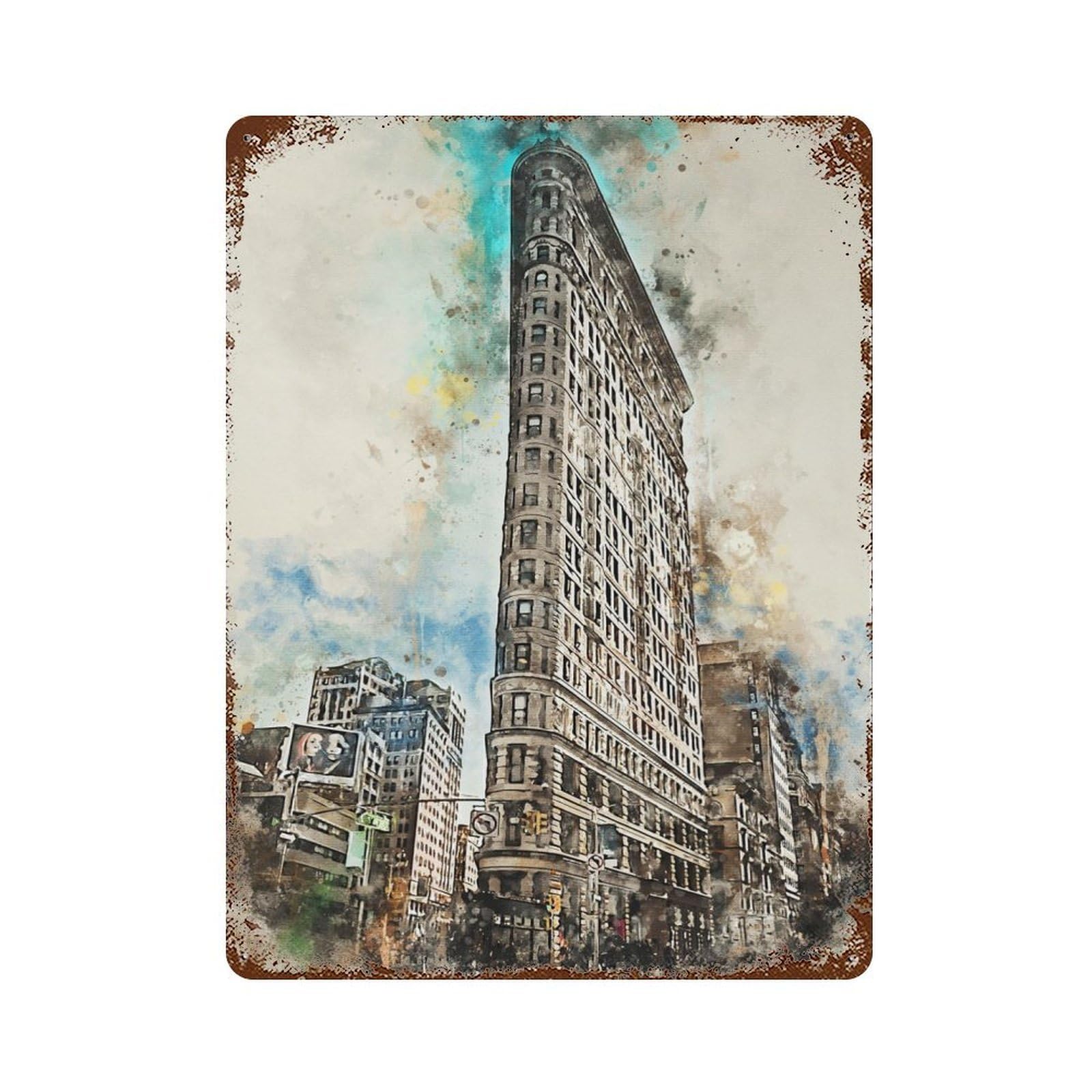 Garage Style New York in Watercolor 4 Vintage Rust Metal Sign 15.7"x11.8", Rustic Home Decor for Bar And Workshop