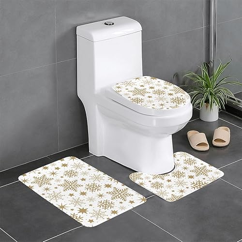 Juego de 3 alfombras de baño de copos de nieve dorados, tapete de baño de invierno y Navidad, antideslizantes, color blanco, extra suave y