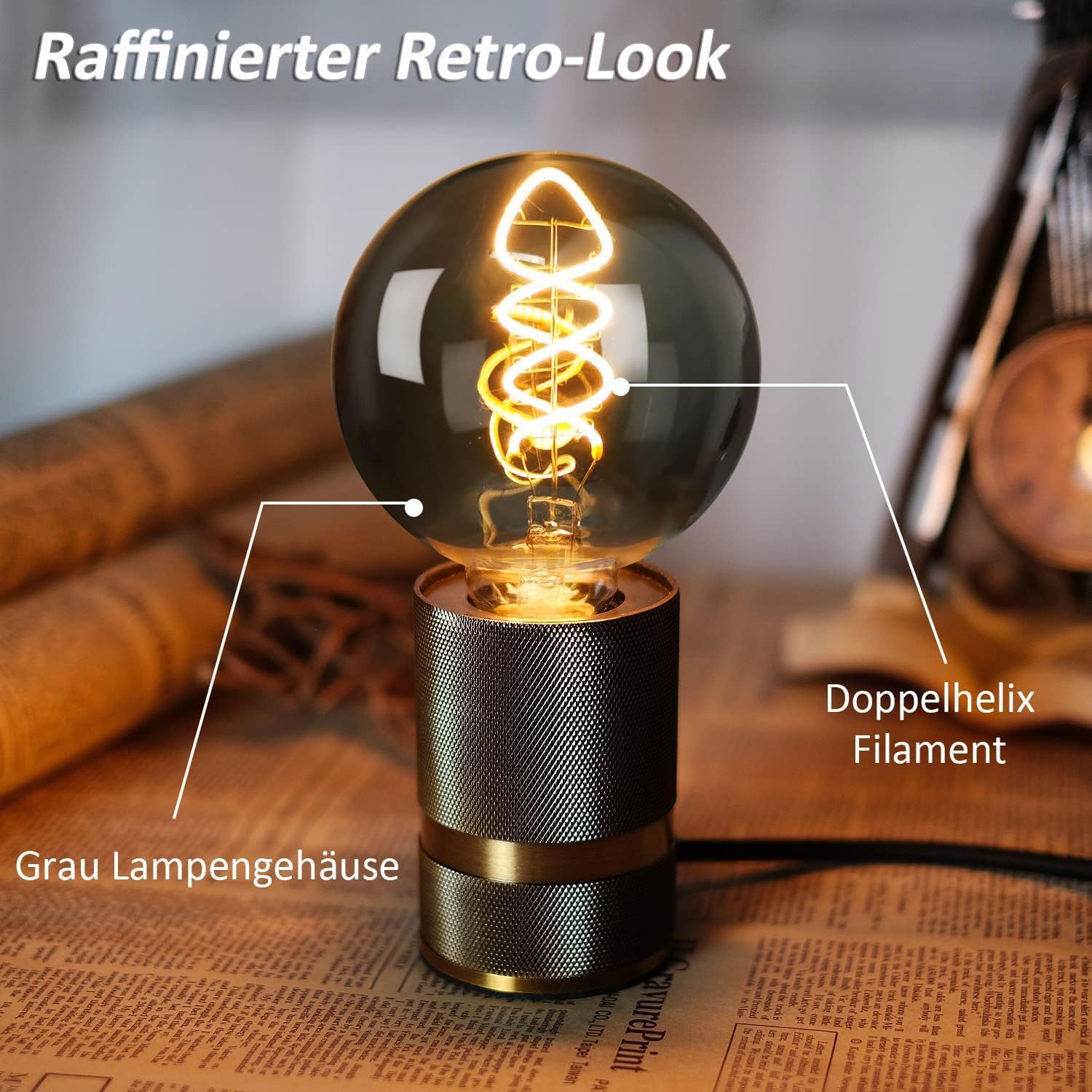 Edison Vintage Glühbirne E27 LED 4W Dimmbar Φ80mm, Rauchgrau - 6 Stück | Retro Design,Rauchgraues Glas,dekorativ,für Retro Beleuchtung Dekoration der Wohnungen, Bars, Hotels, Restaurants, Cafés