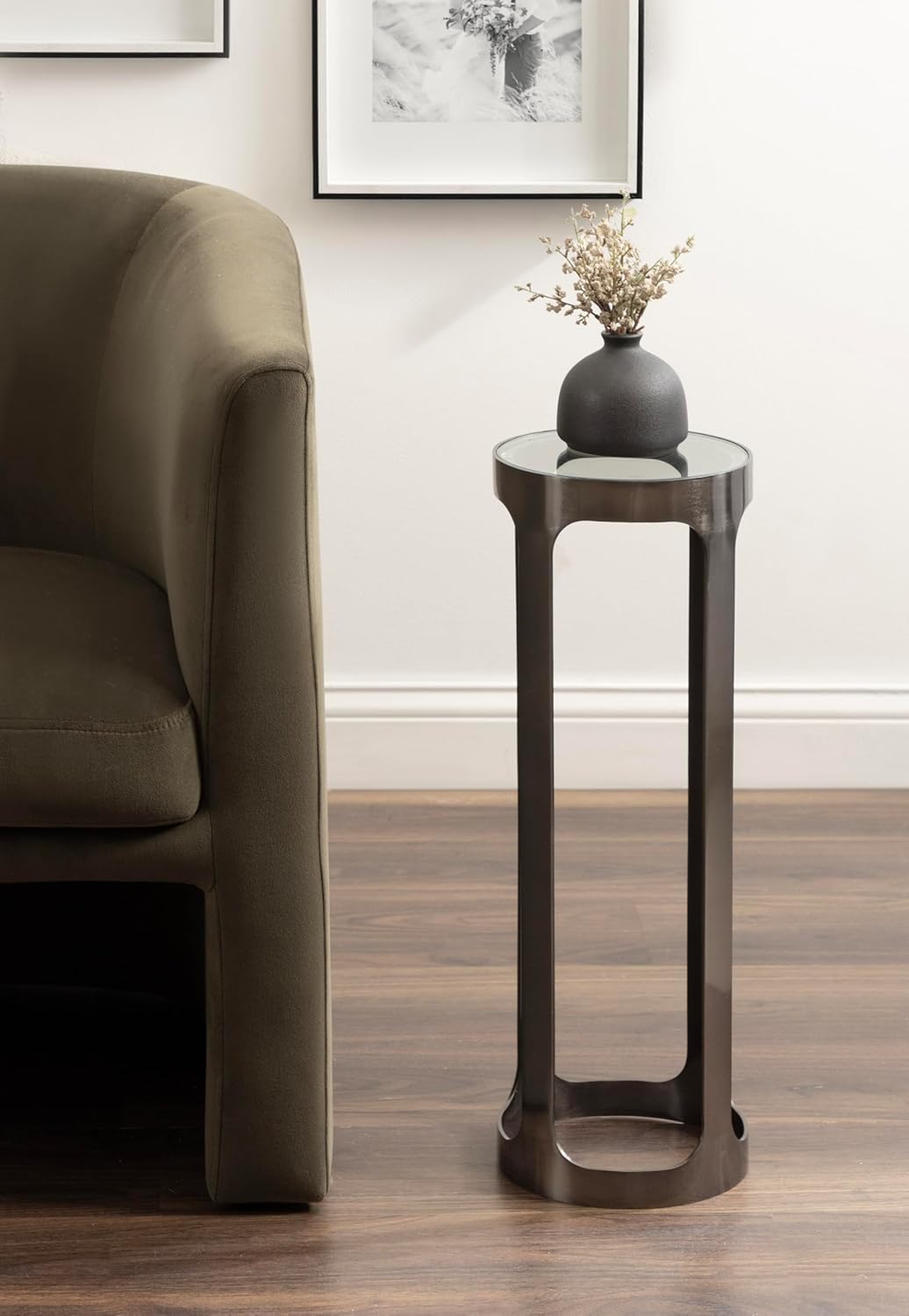Kate and Laurel Dahl Modern Round Glass Top Outdoor Drink Table; 8 x 8 x 23; Clear Glass and Gray Gunmetal; Circle Pedestal Patio Mini Table for Living Room Plant Stand or Small Bedroom Nightstand