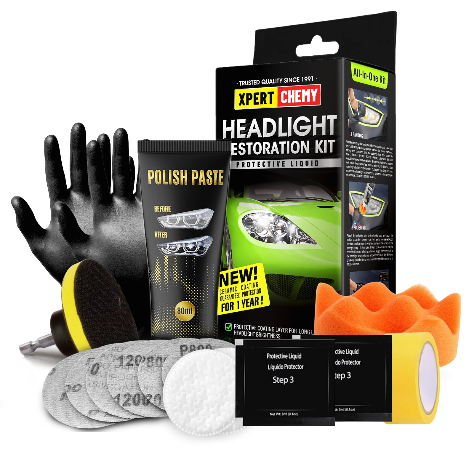 XPERTCHEMY Scheinwerfer Aufbereitung Set, Scheinwerfer Polierset Kit Entfernung Schwerer Gelbwärbung, Trübung und Flecken, Die Helligkeit der Scheinwerfer wiederherstellen, Headlight Restoration Kit