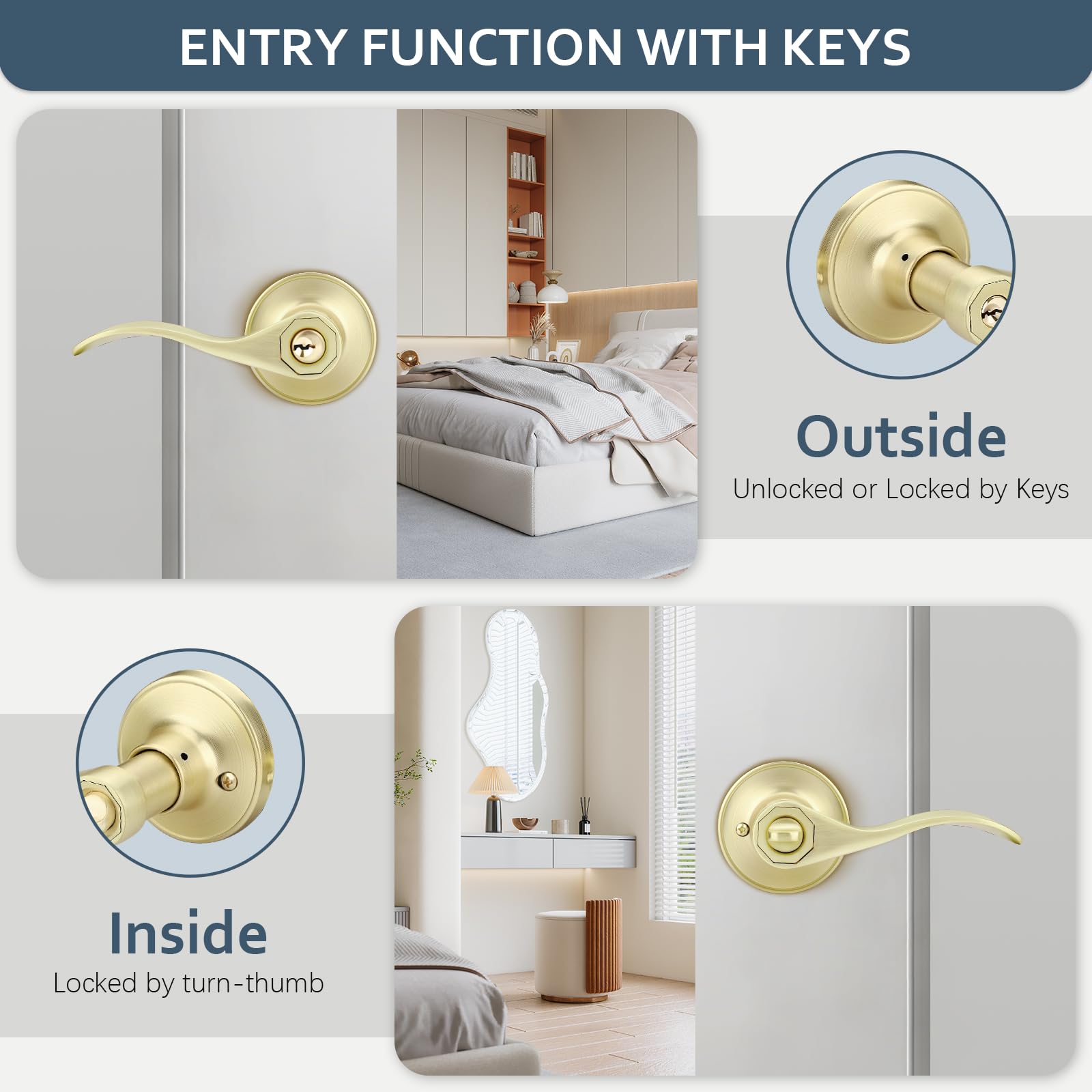 EHOMEWARE 2 pomos de puerta de entrada con llave igual con cerradura y llave, manijas de puerta de latón satinado dorado interior, manijas de puerta de latón satinado exterior, manijas de puerta a
