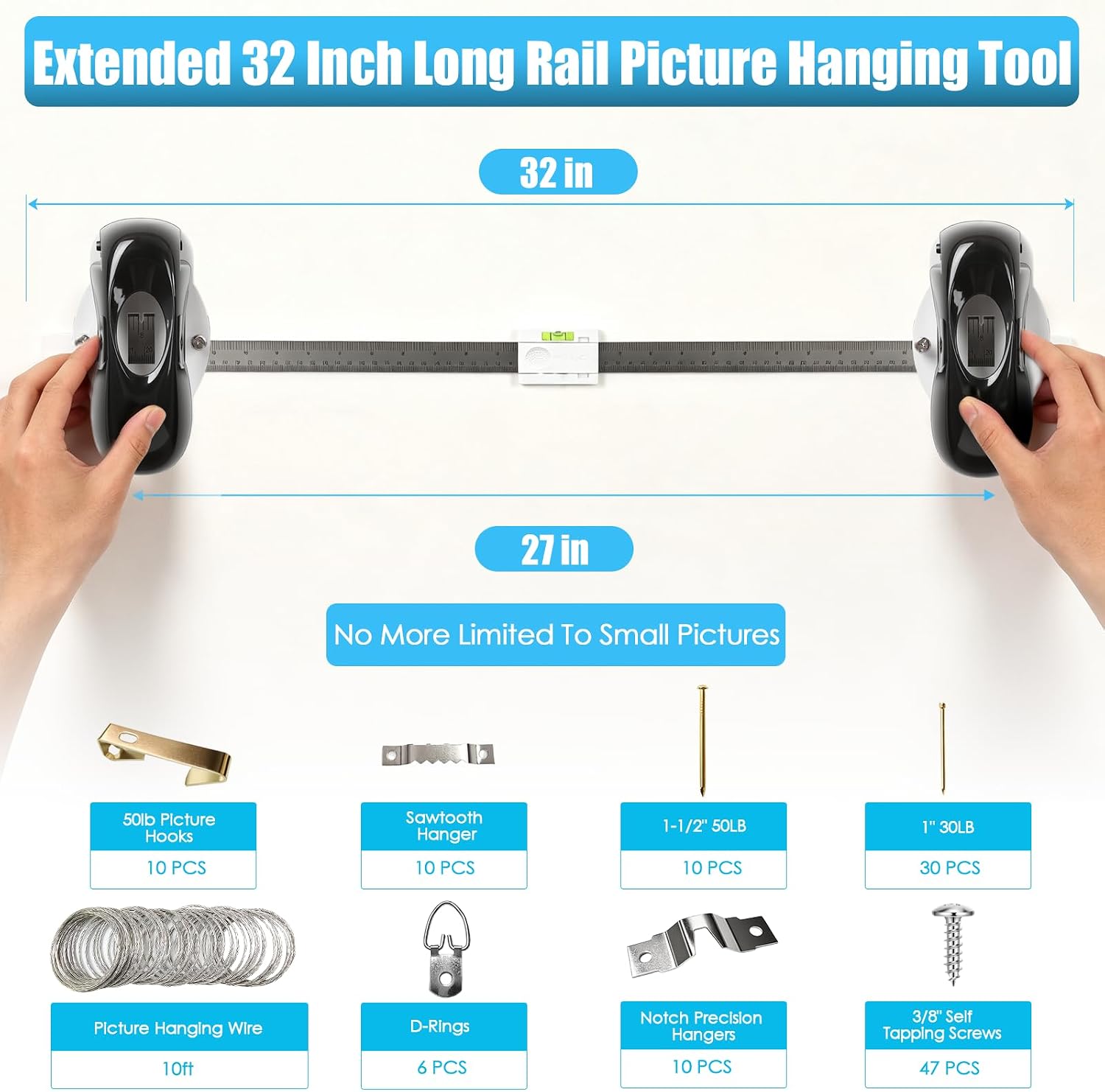 Ternovas 3‑in‑1 Picture Hanging Tool, Level & Hardware, No‑Hammer Push Nail Wall Mount Level Ruler Tool for Frames, Mirrors & Home Decor