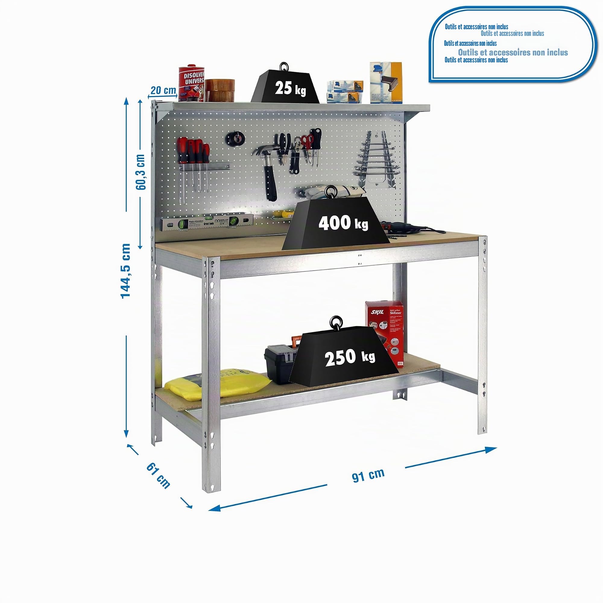 SimonRack Etabli d’Atelier, Capacité de Charge 400 kg, 1445x910x610 mm, Panneau Perforé avec 1 Étagère, Table de Travail Bricolage, Galvanisé/Bois - BT3