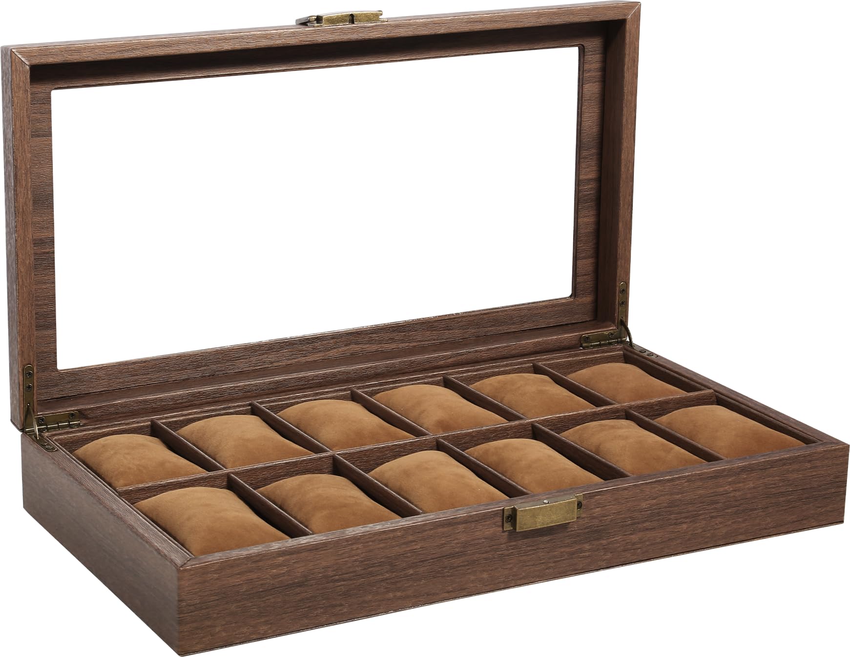 Uten Porta Orologi a 12 Scomparti, Scatola per Orologi con Cuscinetti Rimovibili, Venatura del Legno Pelle PU, Fibbia in Metallo, Interno Marrone, Scatola Portagioielli per Orologi Uomo e Donna