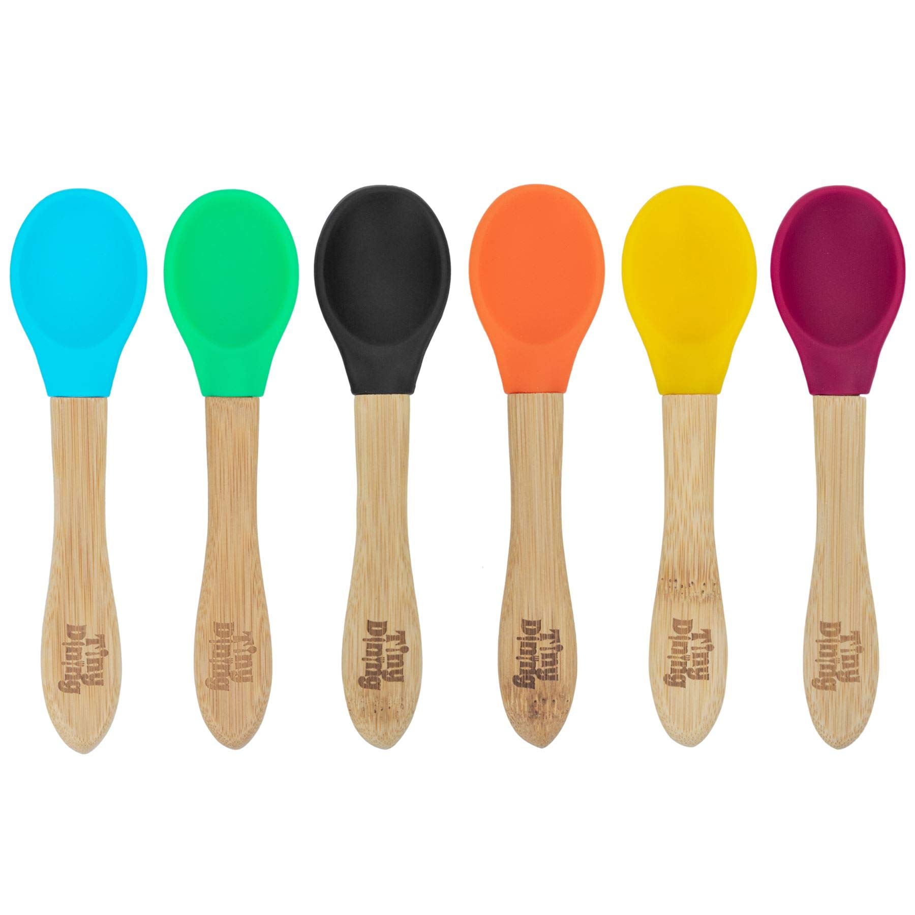 Tiny Dining x6 Children's Bamboo Soft Tip Silicone Spoons - Great For Baby Toddler Weaning - Eco Friendly Kids Dinner Dessert Cereal Spoon - Blue Set