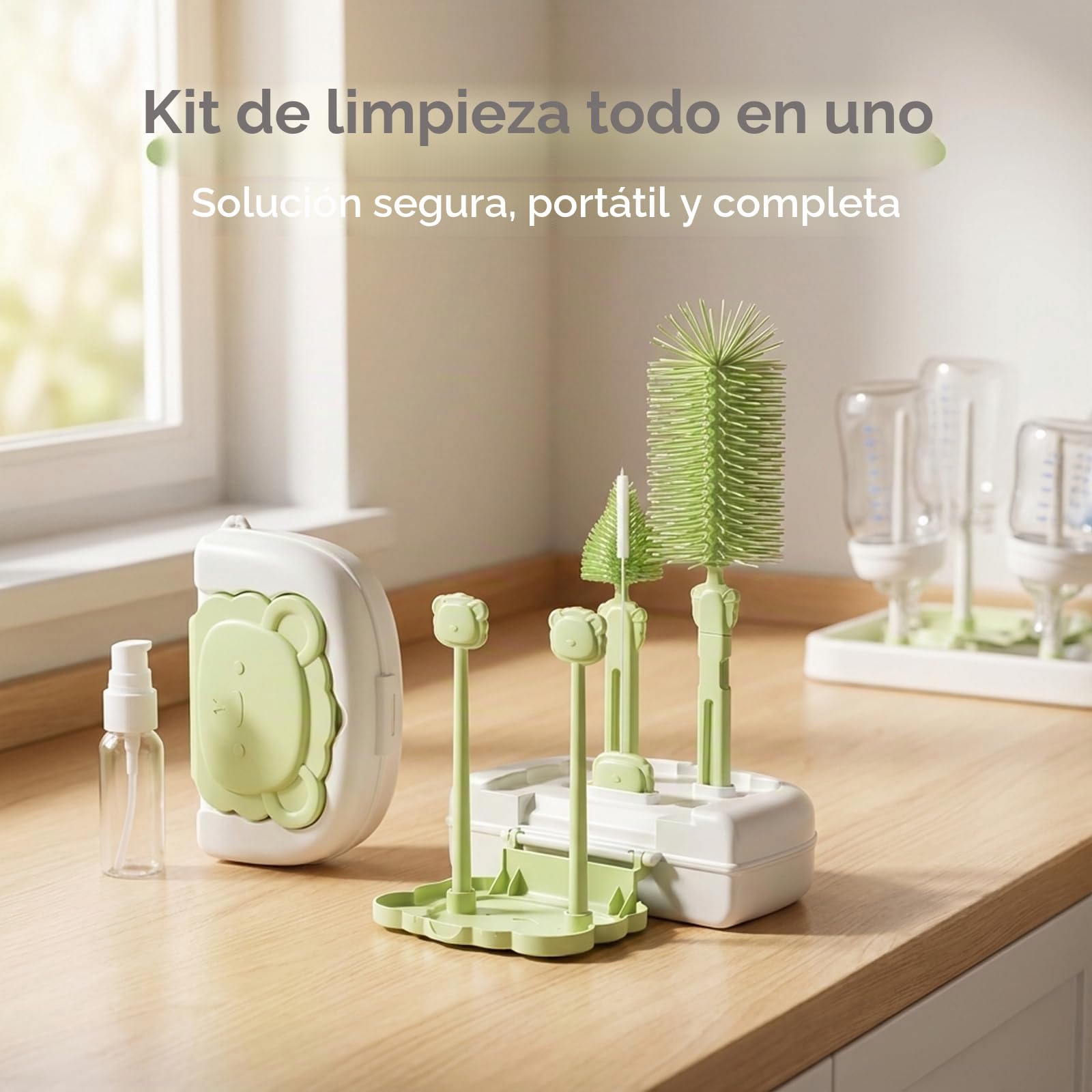 Juego de Cepillos para Biberones Verde 7 en 1 - Cepillo Limpia biberones, Limpia biberones Cepillo, Bottle Brush - Estuche Portátil, Libre de BPA