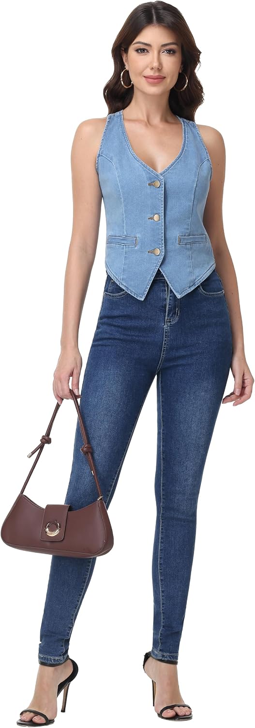 Womens Denim Vest Sleeveless Fitted Jean Vest Top | Button Up, V Neck, Strechy Breathable Fabric, Jean Tank Tops, Casual Jacket Waistcoats, Suit Vests Trendy Outfits