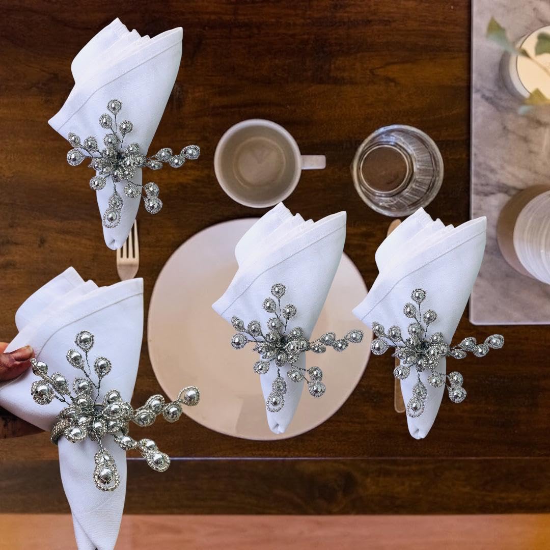 INSTOOK YD Designs Napkin ring holder /Bead Napkin Ring Set for table decoration/ Weddings (Silver) Pack of 6 4
