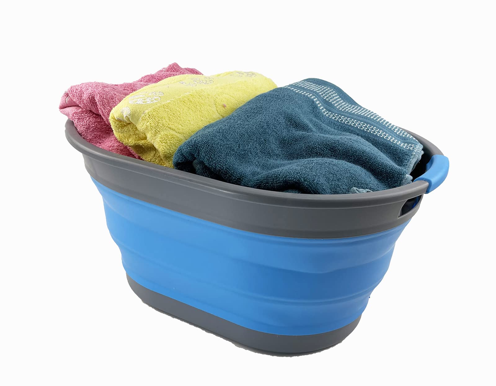 SAMMART Cesto portabiancheria ovale in plastica, 28 l, pieghevole, contenitore pop-up, portatile, salvaspazio (grigio/blu)