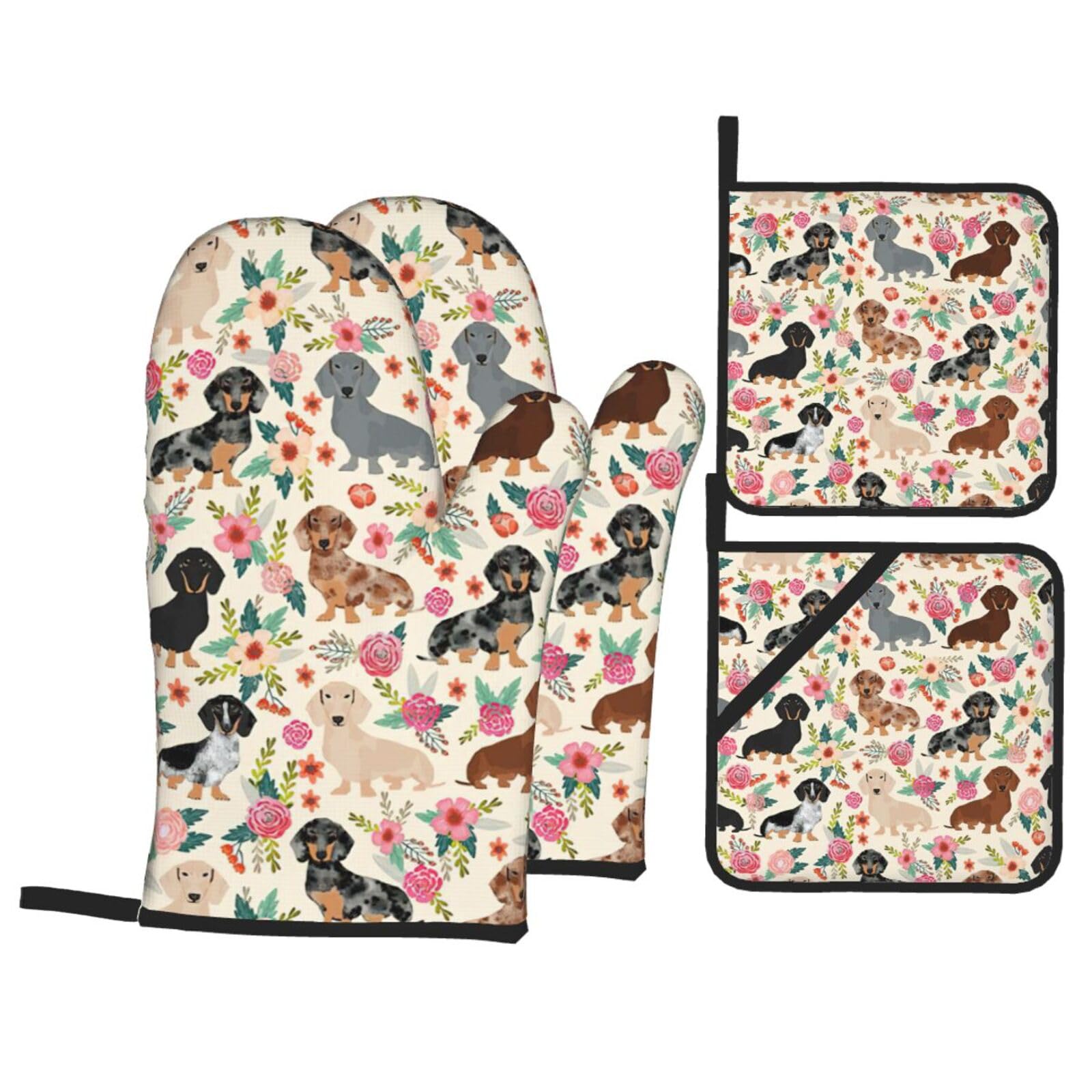 Dachshund Floral Print Kitchen Oven Mitts And Pot Holders Set,Hanging Loop Design For Cooking Baking Bbq