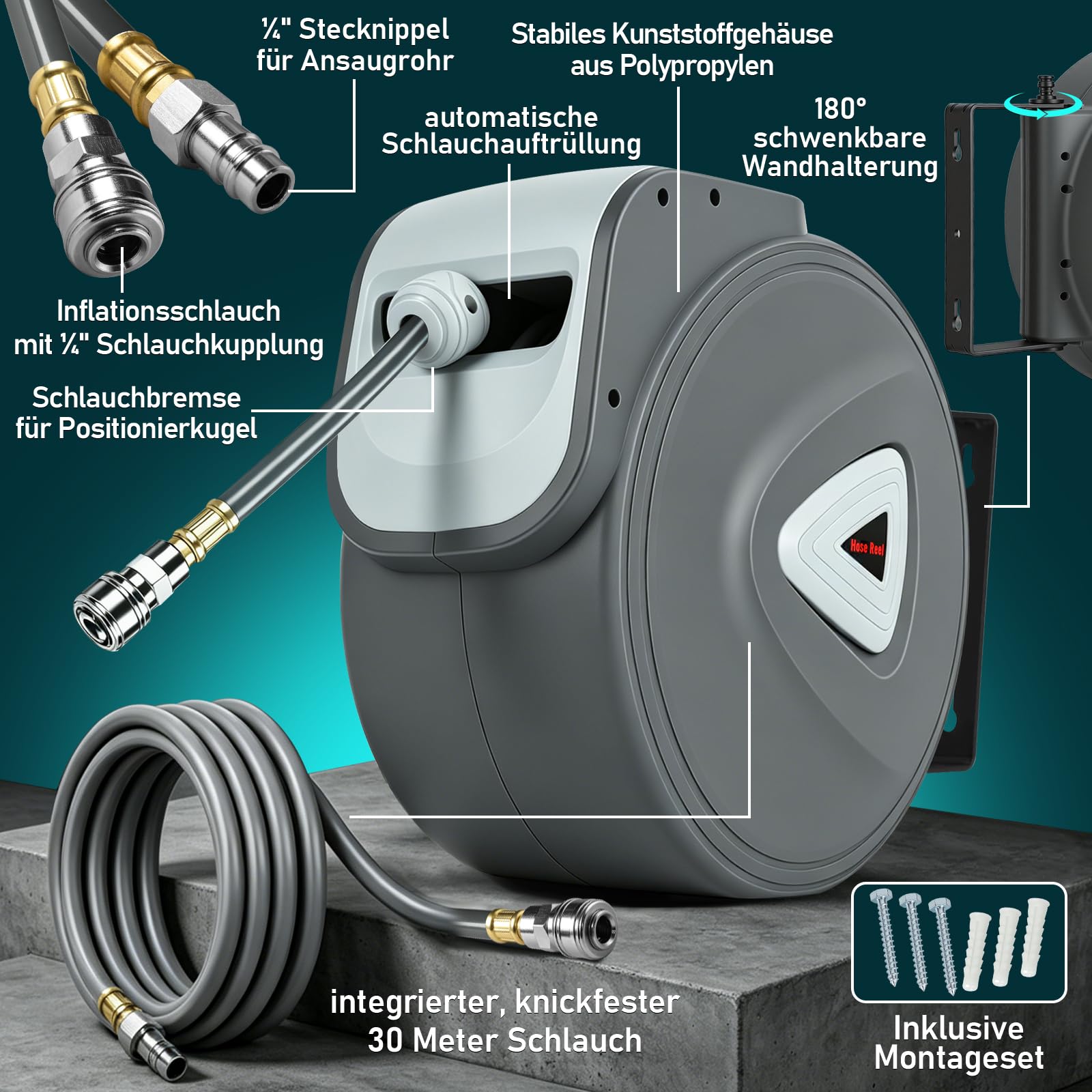 Druckluftschlauch, 30m Kompressor Schlauchtrommel Automatik Druckluftschlauchtrommel Aufroller, Schnellkupplung 1/4'', Wandhalterung Druckluftschlauch-trommel für Kompressor Werkstatt, Grau