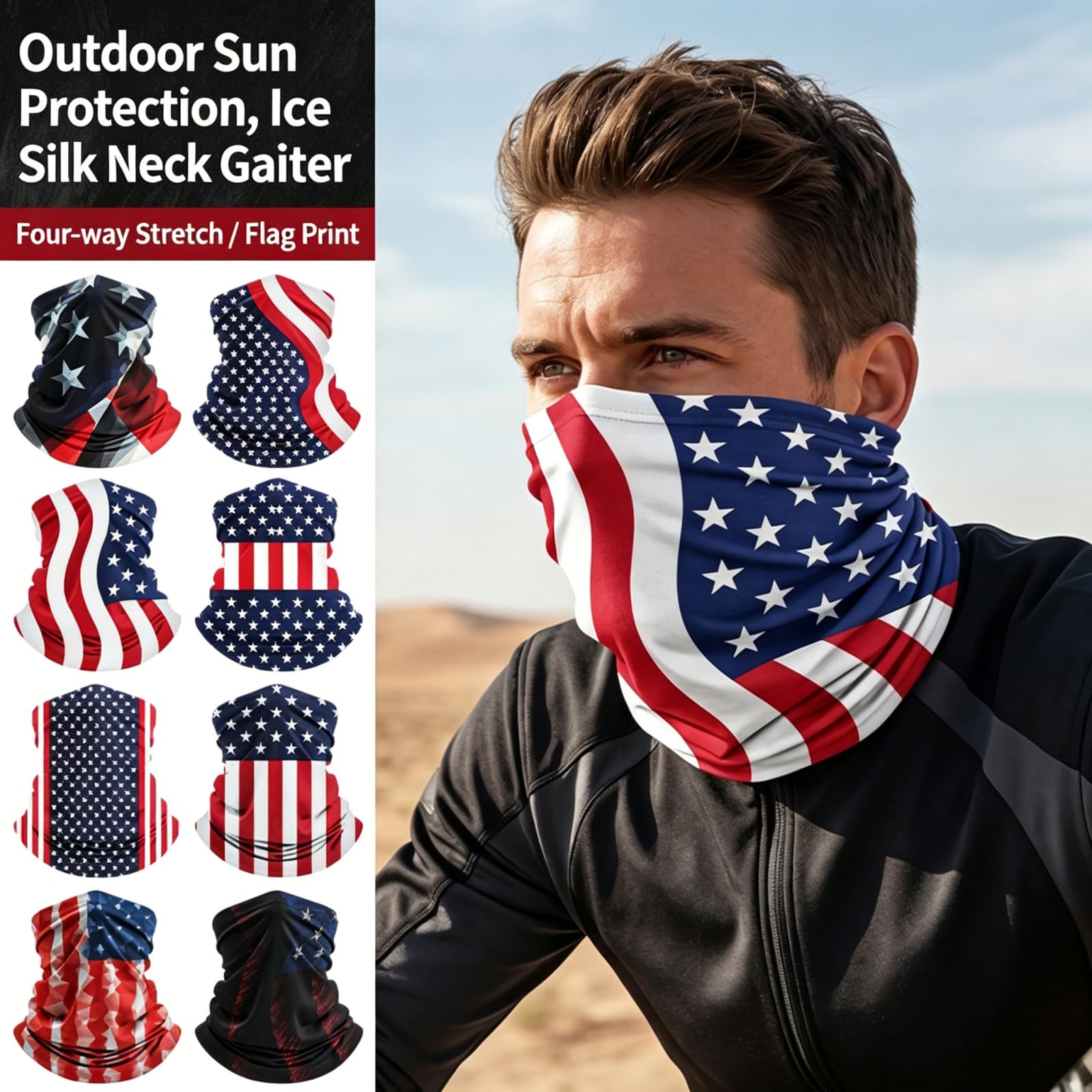 Polaina de cuello de la bandera estadounidense, protección UV UPF 50+, máscara facial de enfriamiento de seda de hielo para ciclismo, correr, senderismo, paquete de 6 unidades y individual
