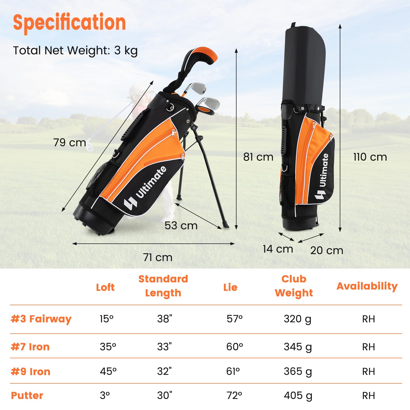 LIFEZEAL Pbastoni da golf per bambini destrimani con #3 Fairway, ferro #7 e #9, Putter, Cappotta, Attrezzatura da golf per bambini e ragazze da 8 a 10 anni