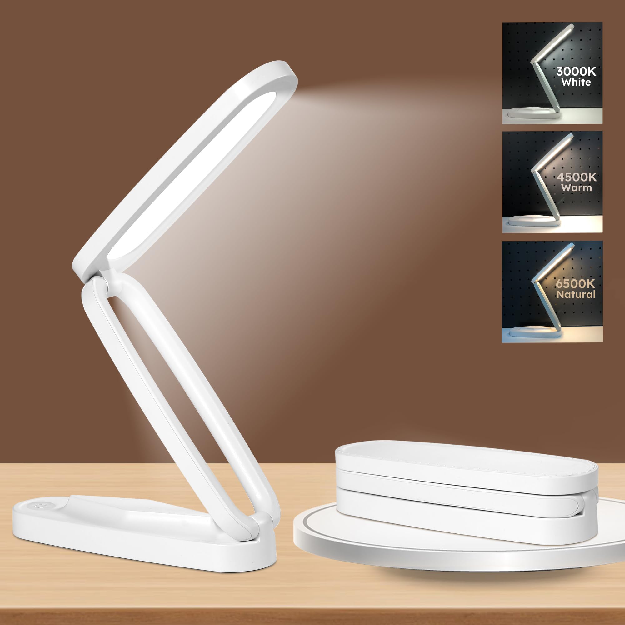 Overcomo Rechargeable Desk Table Lamp - Small LED Office Home & Battery Operated Cordless Reading Lamp Foldable & Portable Light,3 Color Temperatures and Brightness Dimmable Wireless Bedside Desk Lamp