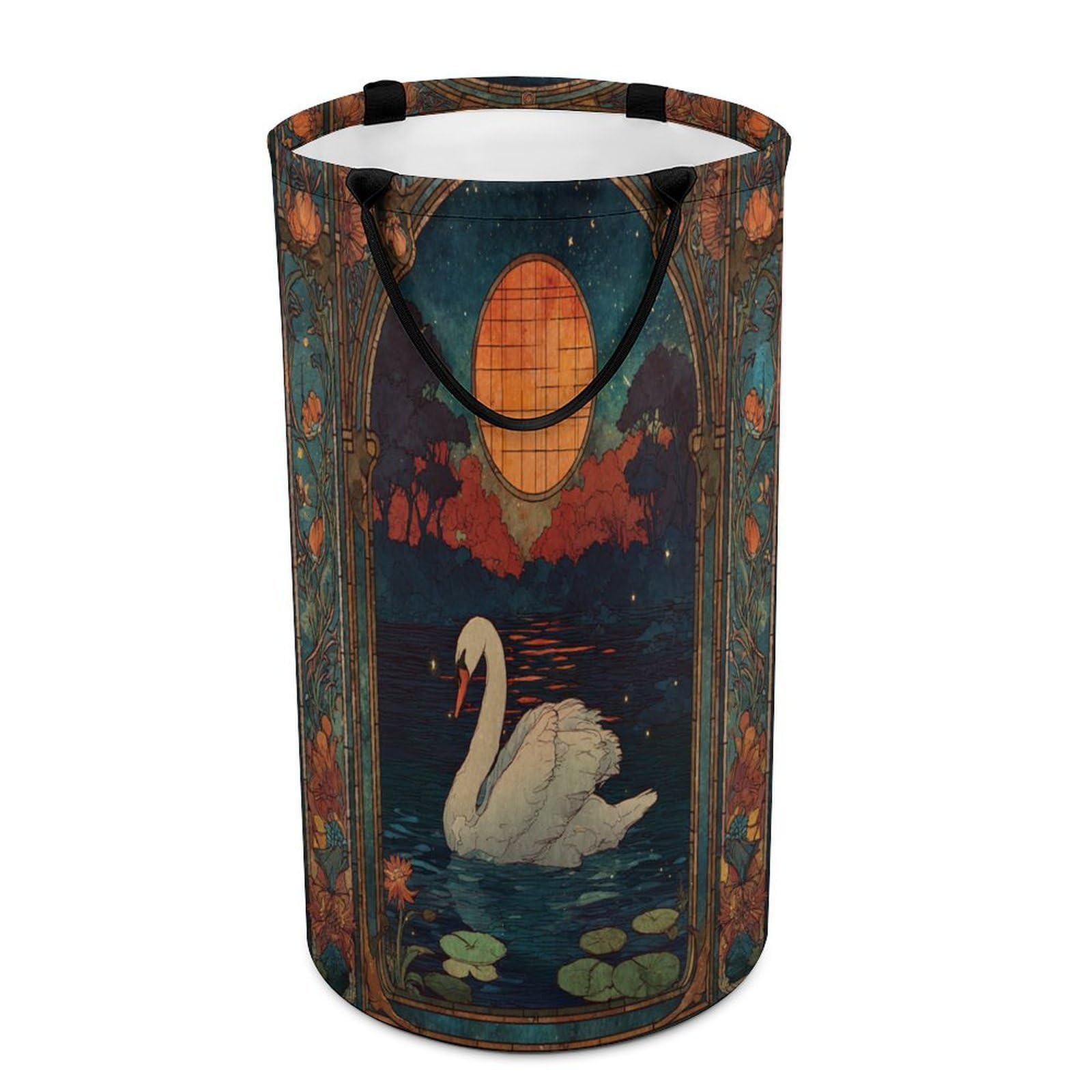 LUYYSKY Fantasy Abstract Elegant Swans Collapsible Dirty Clothes Basket, Retro Oil Painting Full Moon Animals Swans Lake Pattern Portable Clothes Storage Basket