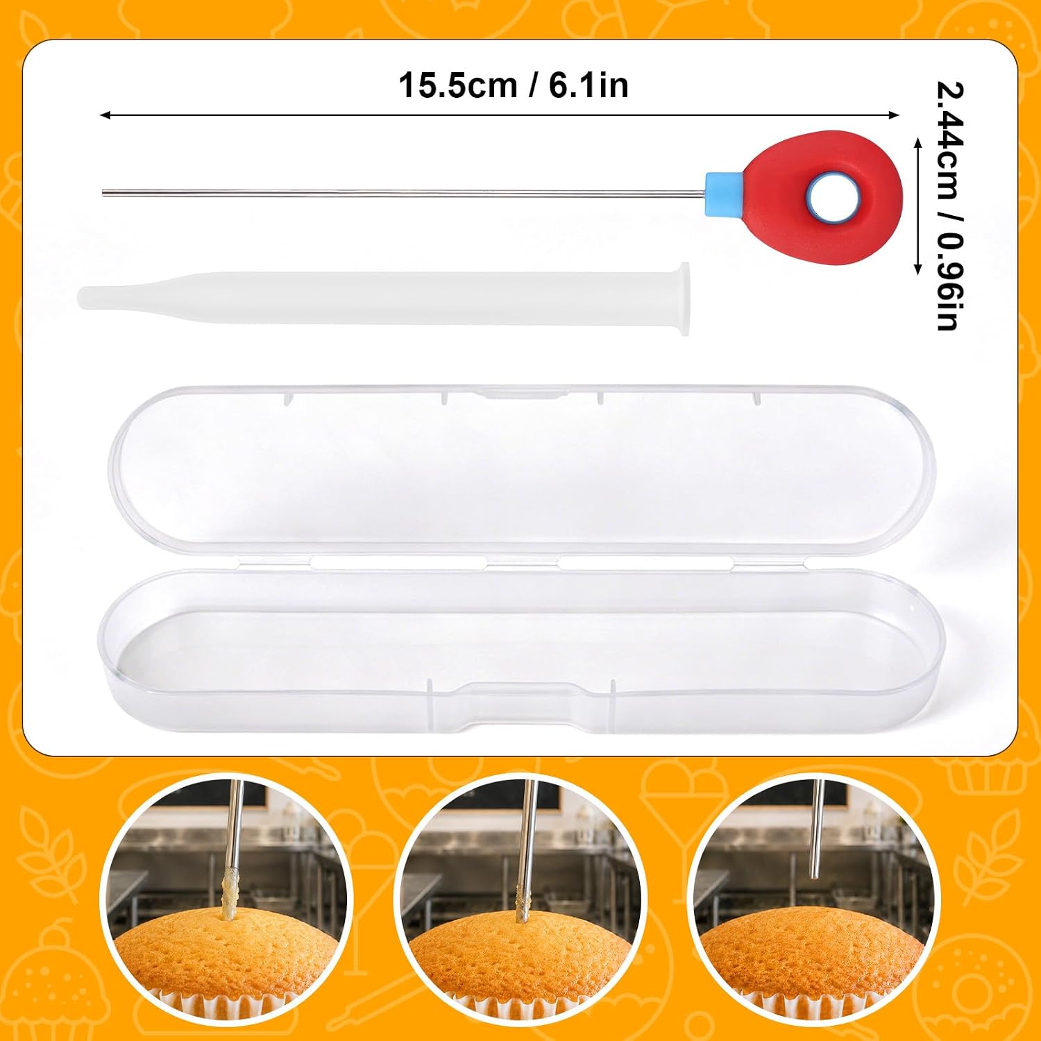 3pcs Cake Tester Sticks with Storage Case, Reusable Stainless Steel Cake Testing Sticks for Baking Doneness Baking Tools for Bread Cupcakes Brownies Muffins & Pastries