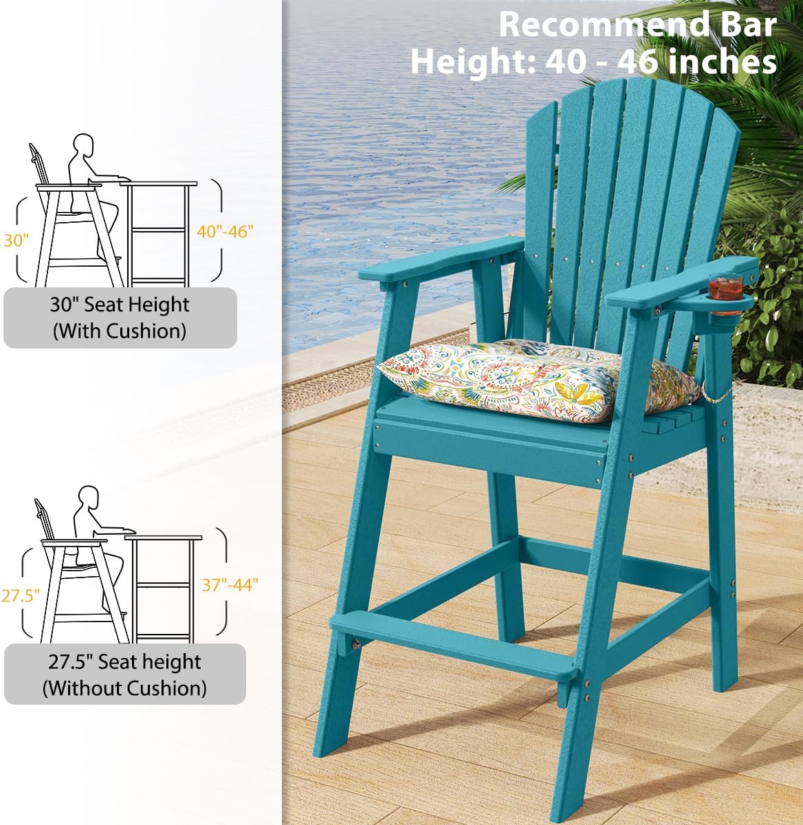 Sundale Outdoor Adirondack Bar Chairs Set of 4, Patio HDPE Bar Stools with Backrest, 30 Inch Seat Height Bistro Tall Dining Counter Barstools with Cushion (Turquoise, 4 Stools)