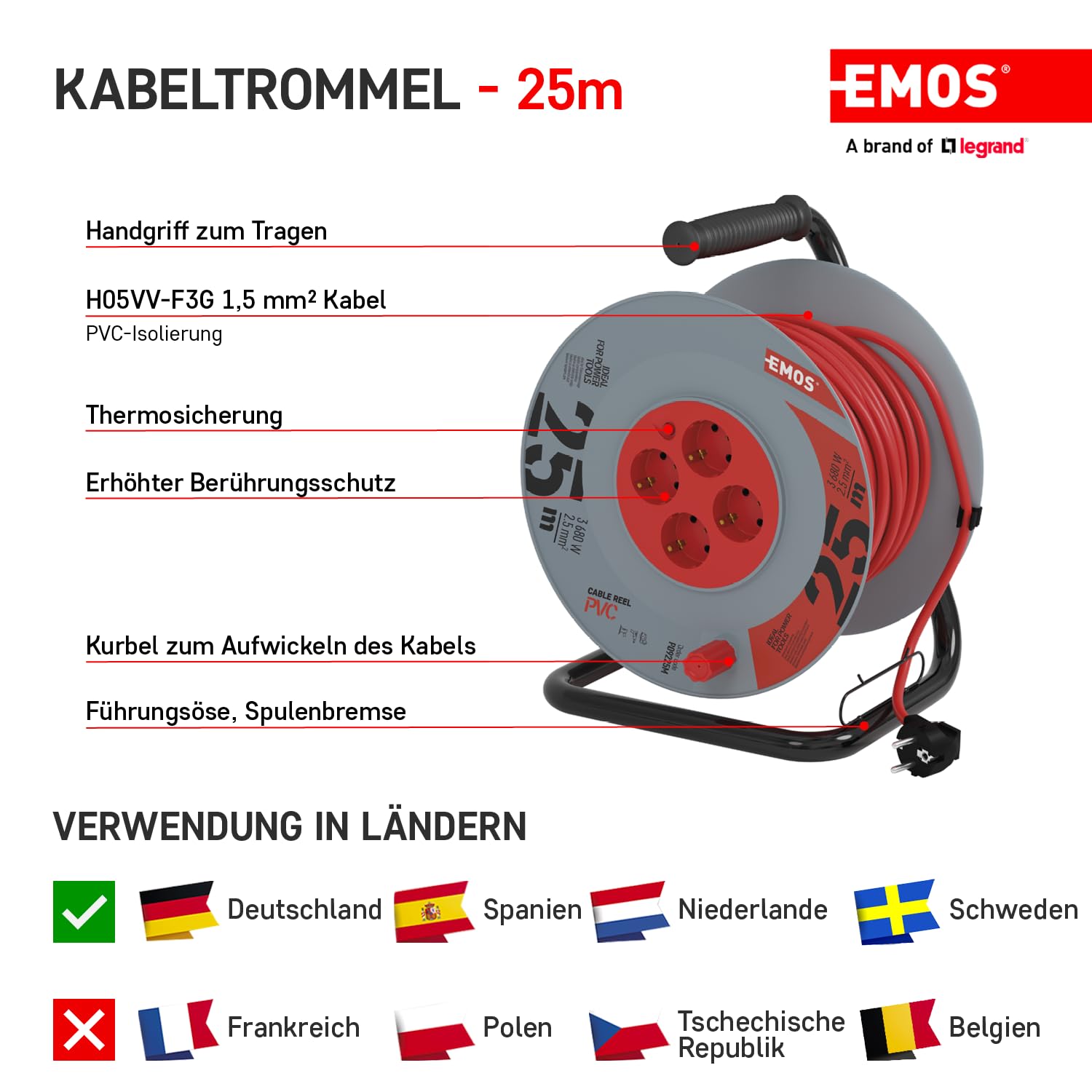 EMOS - Avvolgicavo da 25 m con prolunga rinforzata - 4 prese Schuko - 230 V, 16 A, 3680 W - Isolamento in PVC - H05VV-F3G 2,5 mm2 - Protezione contro il surriscaldamento - IP20 per interni