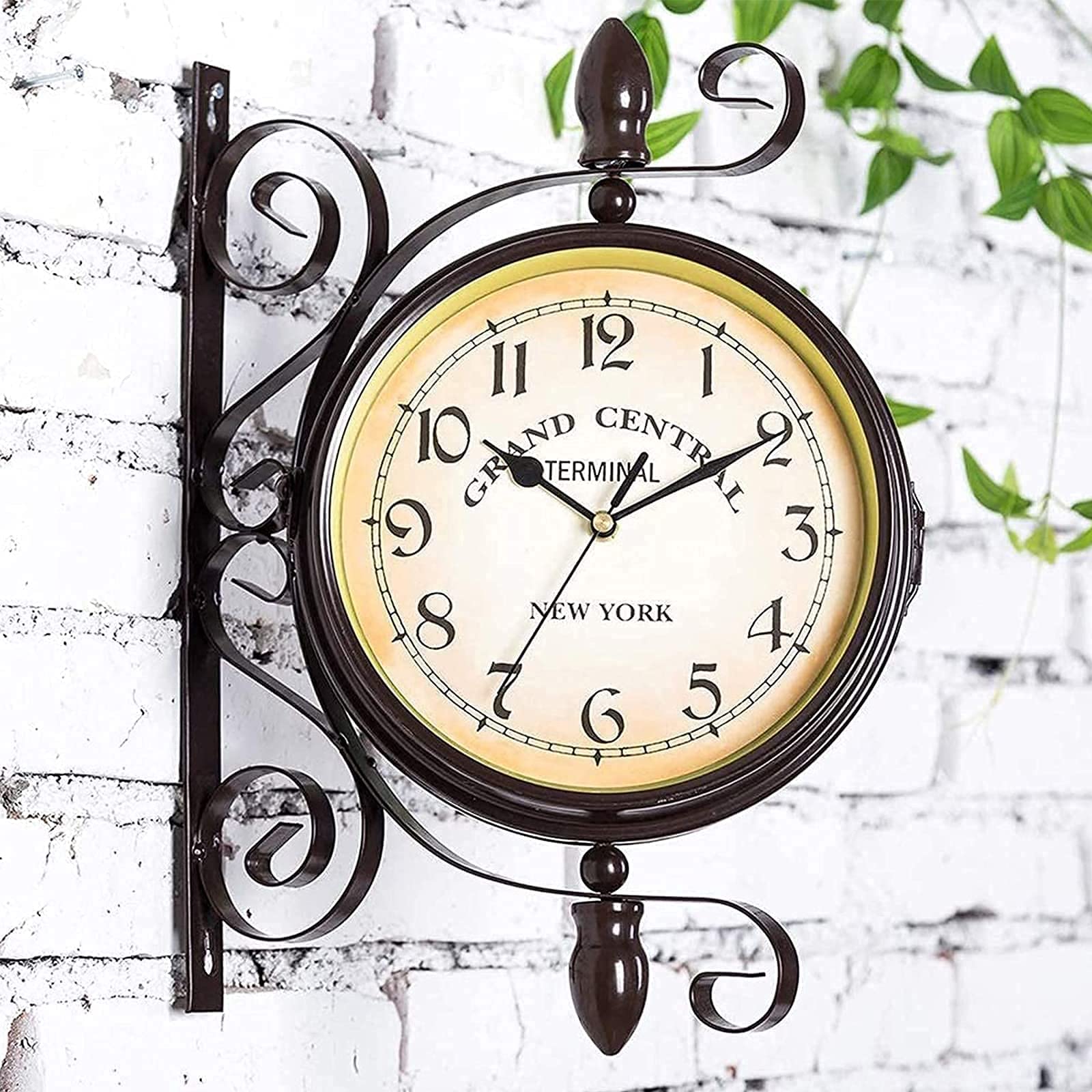 MYUYEE Outdoor Garden Clock,Weatherproof Wall Mounted Double Sided Garden Clock with Bracket,European Retro Style Wrought Iron Wall Clock Outdoor Ornaments