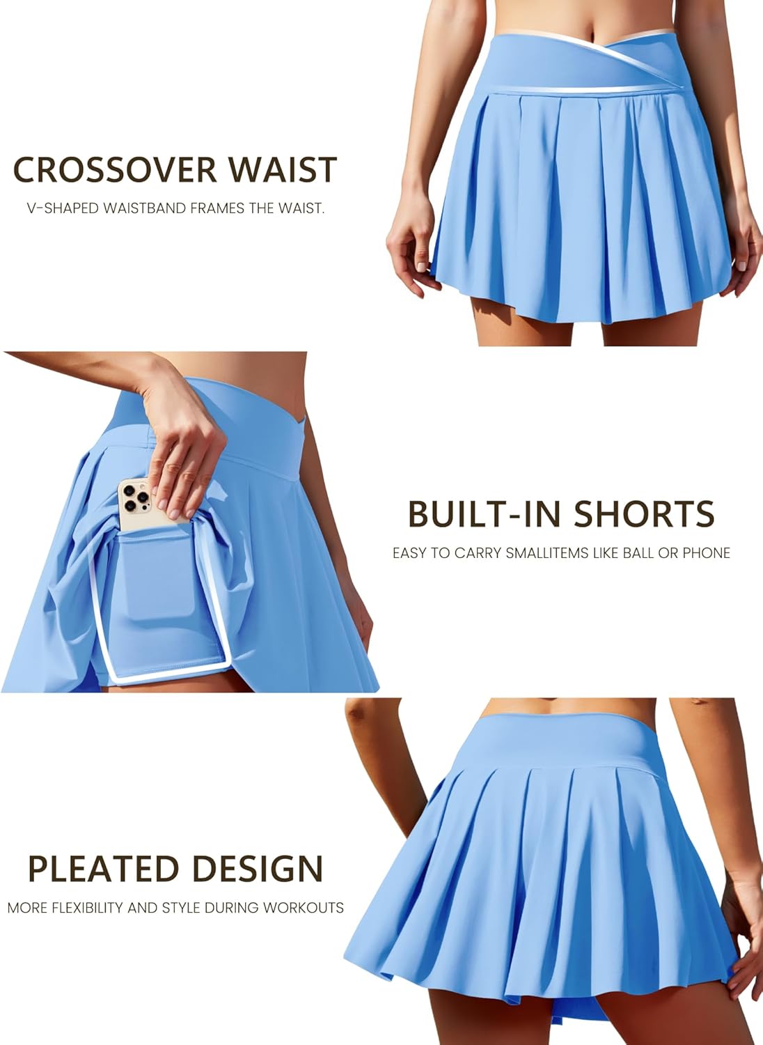 Women's Athletic Skirts Crossover Wide Waistband Flowy Tennis Sports Skort with Inner Shorts Pockets - Image 6