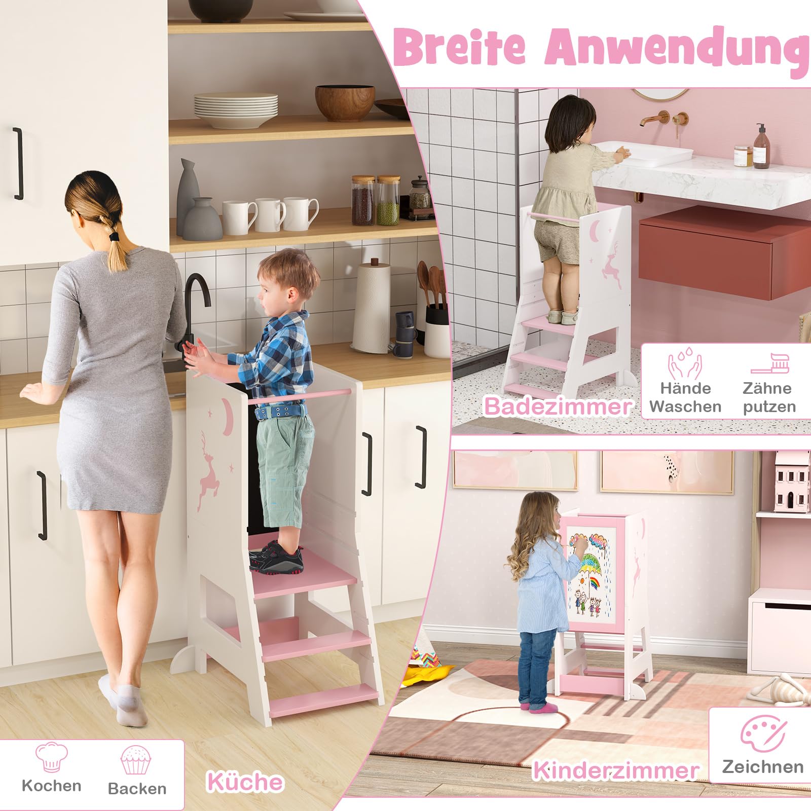 DREAMADE 2-in-1 Lernturm mit Tafel, Höhenverstellbarer Tritthocker aus Holz, Kinder Kreidetafel mit 3 Bunten Marker, Kinderlernturm ab 1 Jahr, belastbar bis 70kg (Weiß + Pink)