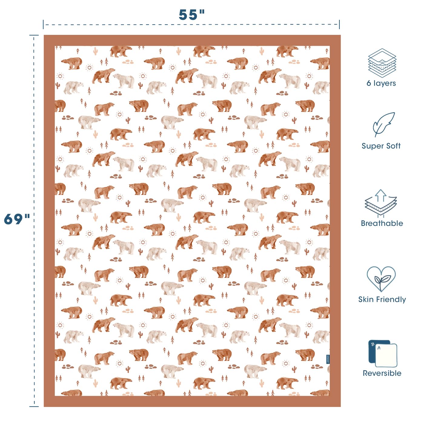 GRSSDER Baumwoll-Musselin-Steppdecke, seidig weich und atmungsaktiv, Kinder-Überwurfdecke, übergroße Musselin-Decken für Neugeborene, Kleinkinder und Kinder, 6 Schichten, wendbares Design für alle