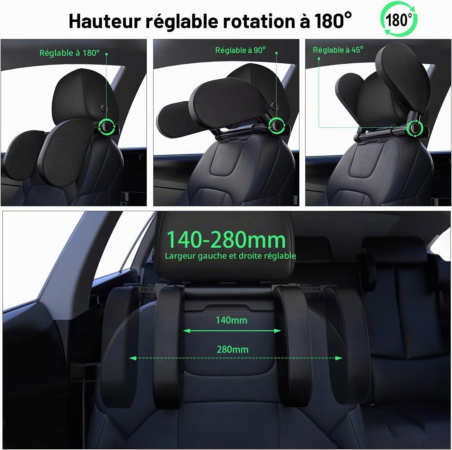 Repose Tete Voiture, Rétractable et Détachable Coussin de Siège de Voiture, Support de Tête Réglable pour Siège de Voiture avec Mousse à Mémoire de Forme, pour Enfants et Adultes(Noir)