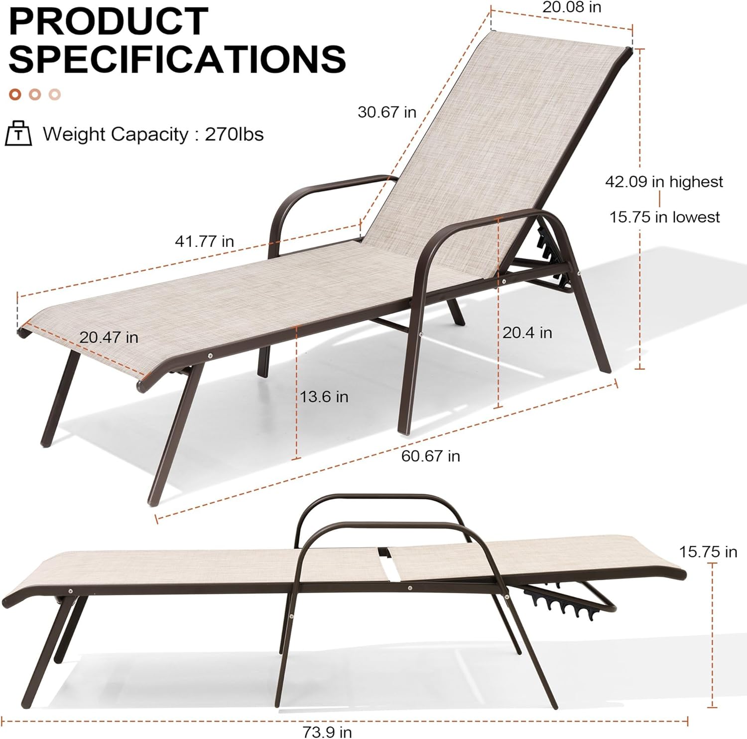 Crestlive Outdoor Chaise Lounge Chair,5-Position Pool Lounge Chairs with Armrests Sunbathing Recliner for Patio,Beach,Deck,Yard (2PC Beige)