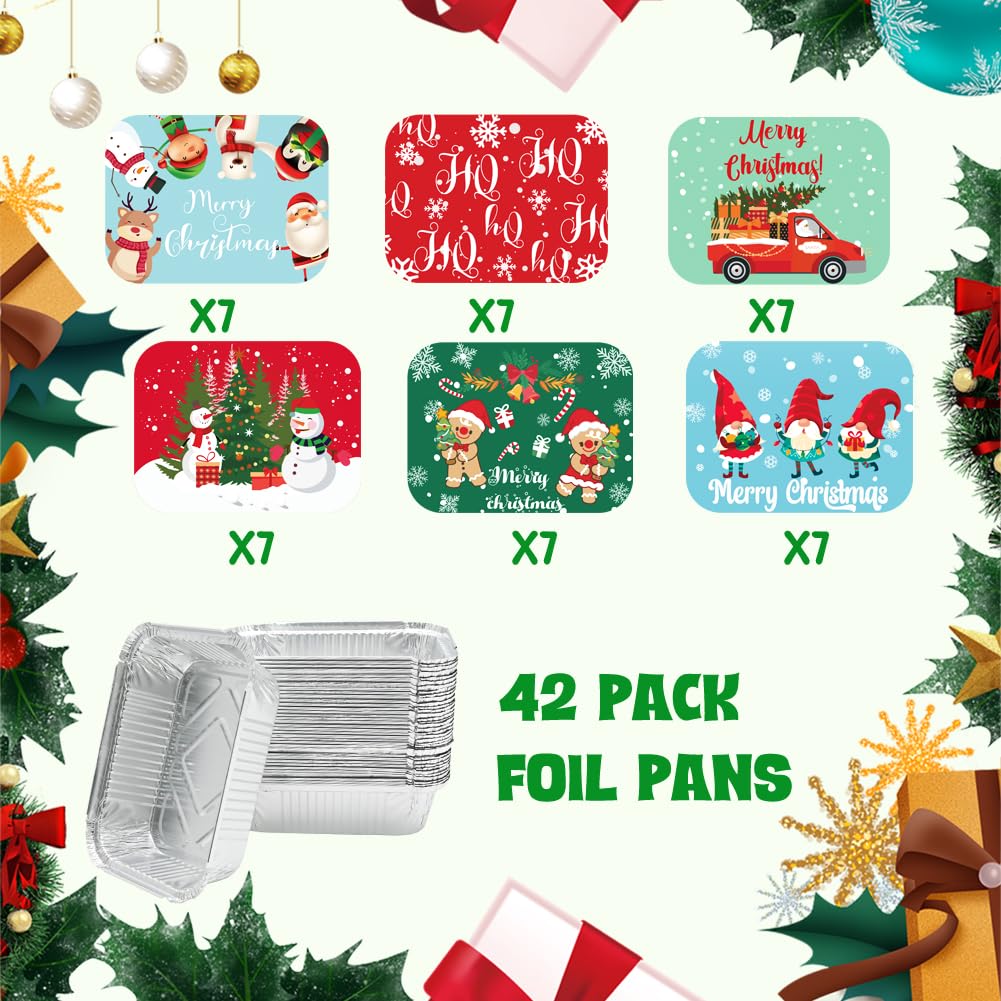 CAMIRUS 42 recipientes de aluminio de Navidad con tapa, sartenes desechables de aluminio con tapas, recipientes de aluminio para alimentos, para hornear, fiestas de Navidad, cocinar
