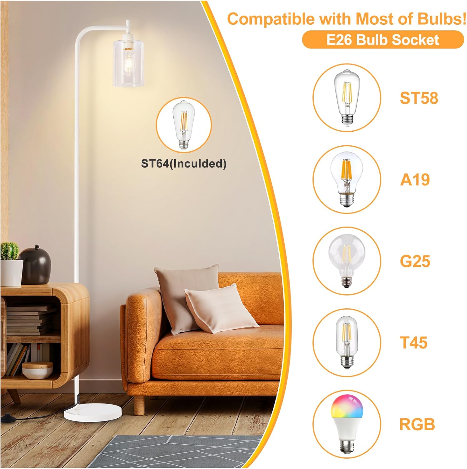 DLLT Floor Lamp Tall for Room: Light Gold Standing Lamp with Clear Glass Lampshade for Living Room - Modern Bright Lamp for Bedroom - Industrial Corner Floor Lamps for Office 8W Led Bulb Included