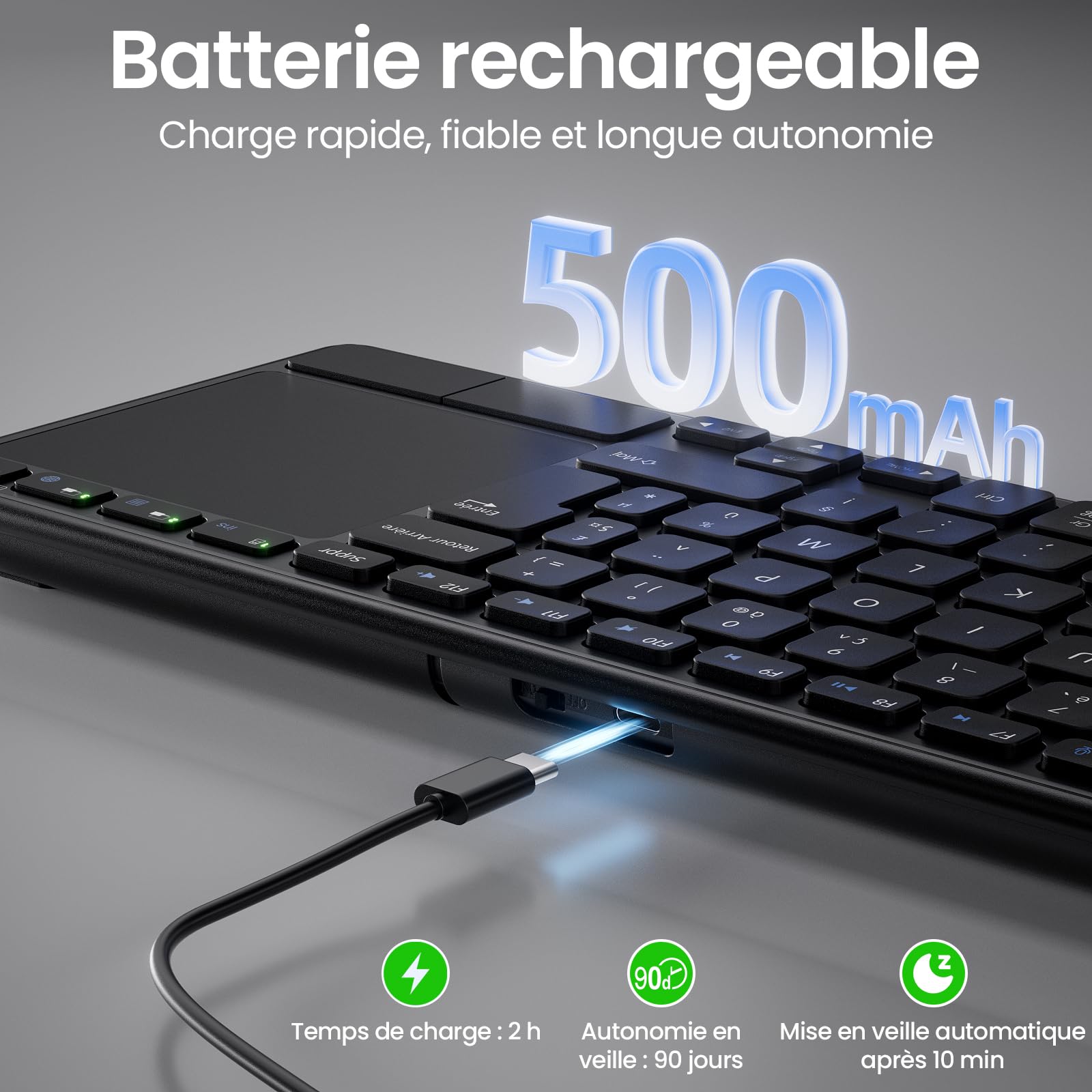 Clavier sans Fil Rechargeable avec Pavé Tactile, AZERTY FR Layout