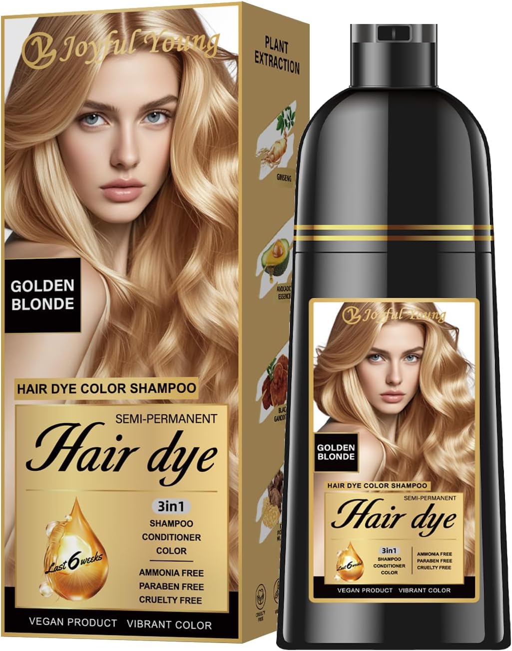Joyful Young Hair Dye Shampoo 3-in-1, Golden Blonde Semi-Permanent Gray Hair Coverage, Color Depositing Shampoo for Women & Men, Vegan, Ammonia-Free