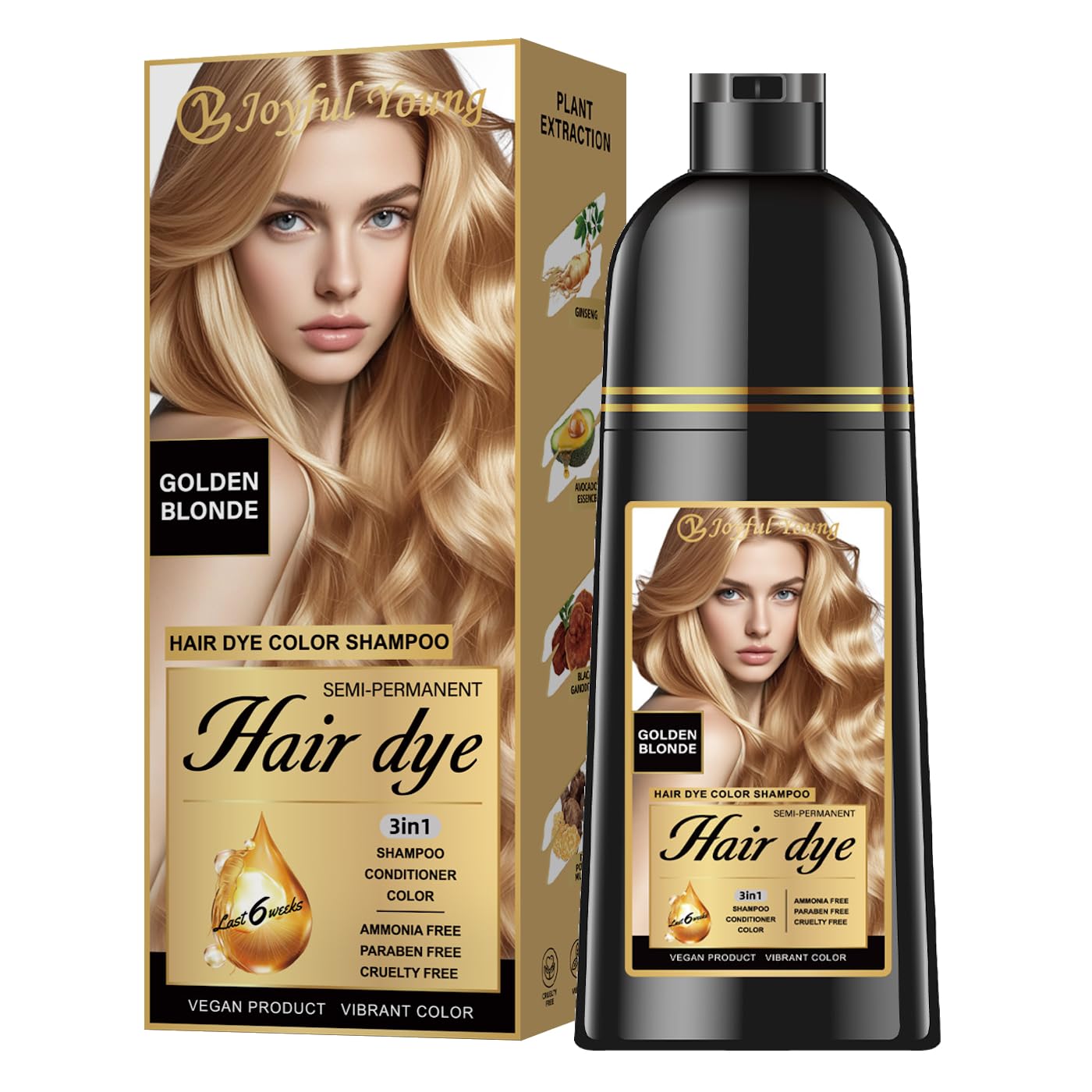 Joyful Young Natural Hair Dye Shampoo 3 IN 1, Hair Color for Gray Hair Coverage, Hair Coloring Shampoo for Women, Color Shampoo Beard Dye for Men, Vegan Ammonia Free Hair Shampoo (GOLDEN BLONDE)