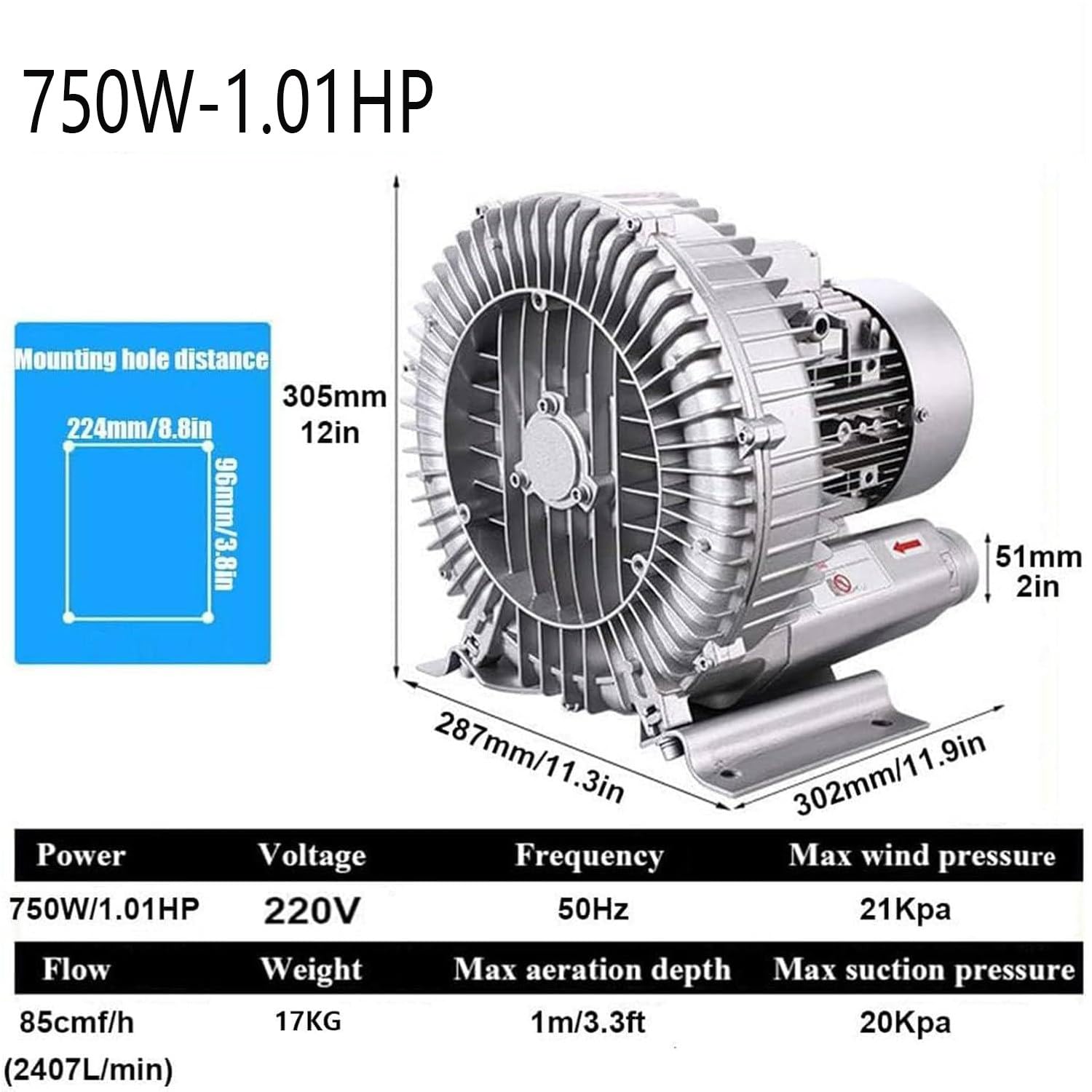 Dmuchawa regeneracyjna, wysokociśnieniowa dmuchawa pierścieniowa wirowa 220 V 50 Hz jednofazowa przemysłowa pompa próżniowa 120 W-1500 W Opcjonalnie do dmuchania powietrza lub ssania do napowietrzania