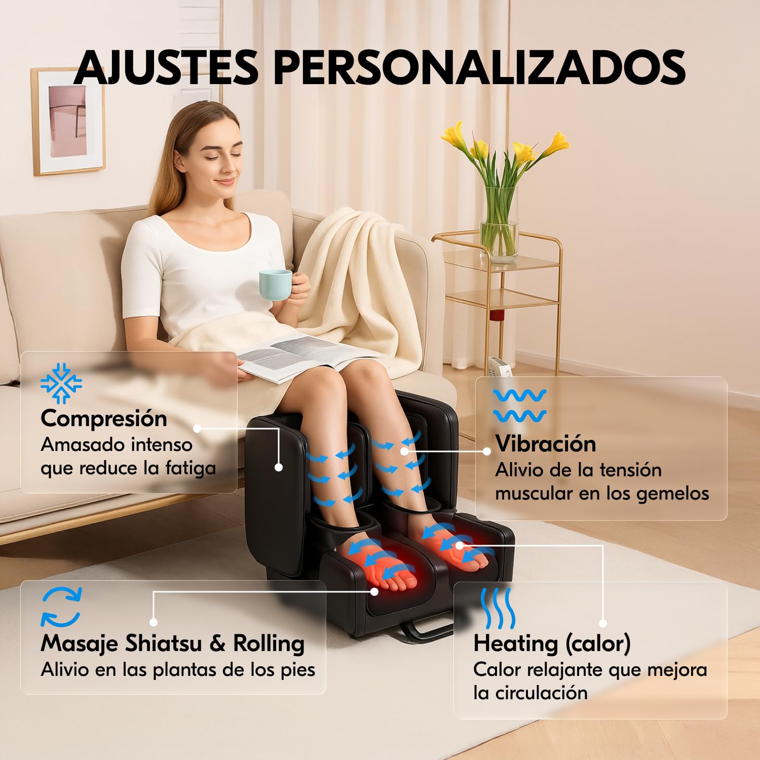 Masajeador de Pies y Gemelos 2 en 1 con Calor, Shiatsu, Compresión, Vibración y Amasado | Masajeador para Pies, Tobillos y Piernas | Alivio del Cansancio y Fascitis Plantar