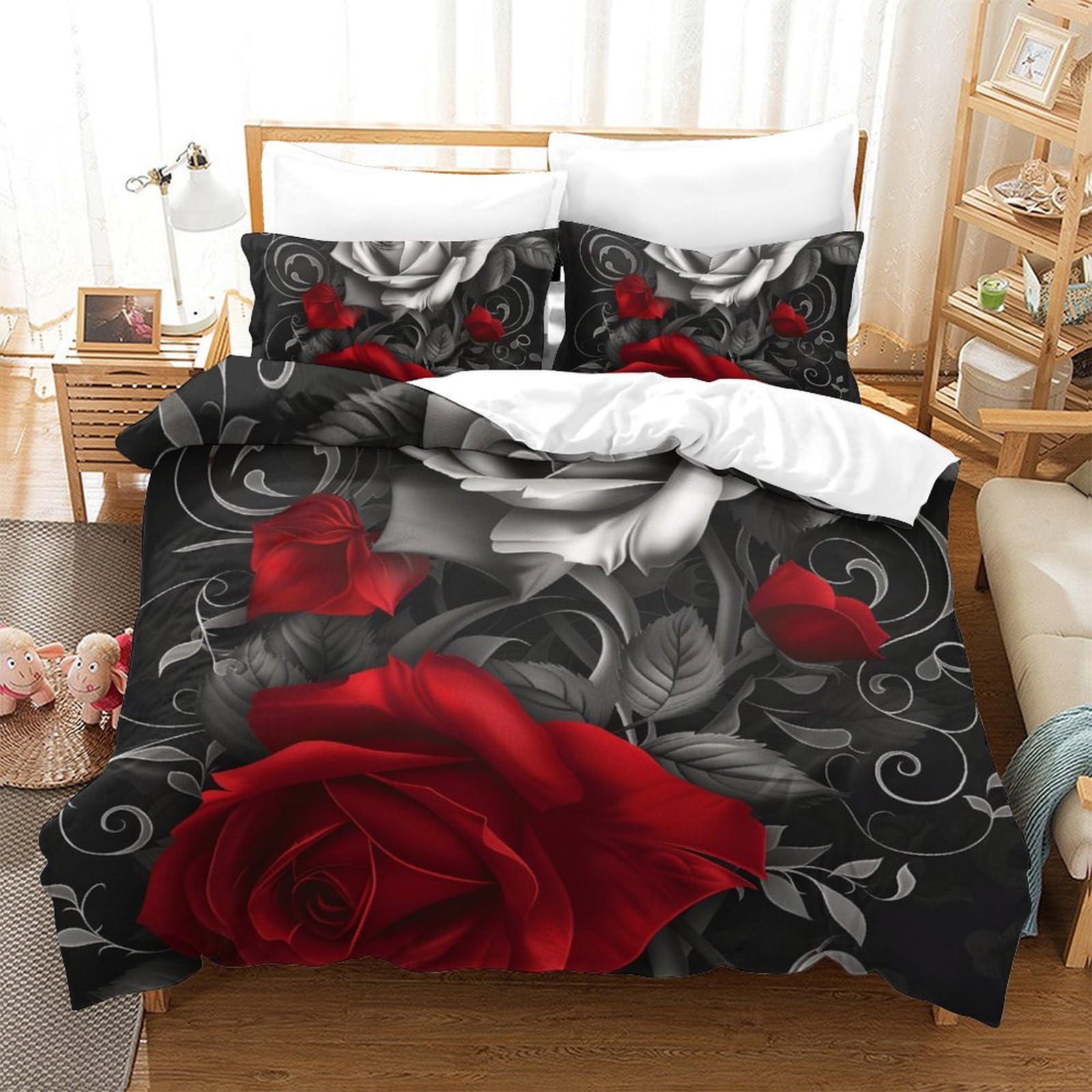 Parure de couette roses 3D en microfibre respirante pour un lit King douillet